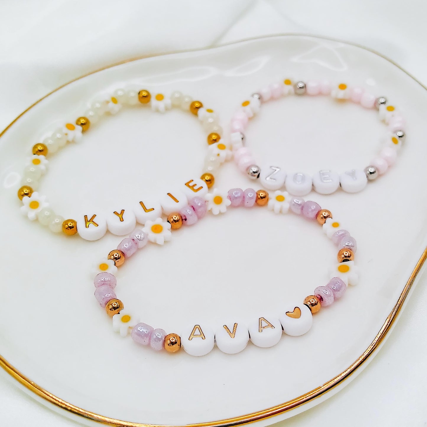 BEADED DAISY NAME BRACELET - Avy + Tay