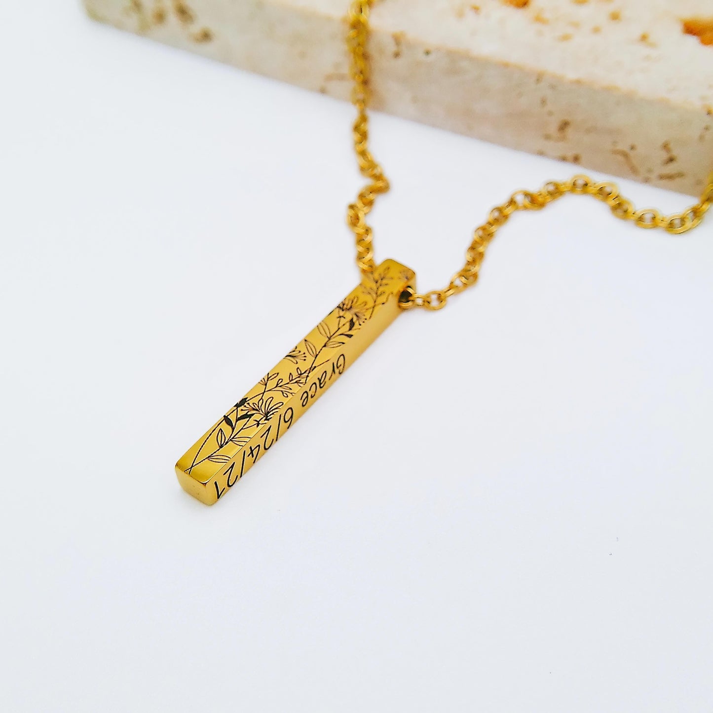 BIRTH FLOWER 3D BAR NECKLACE - Avy + Tay
