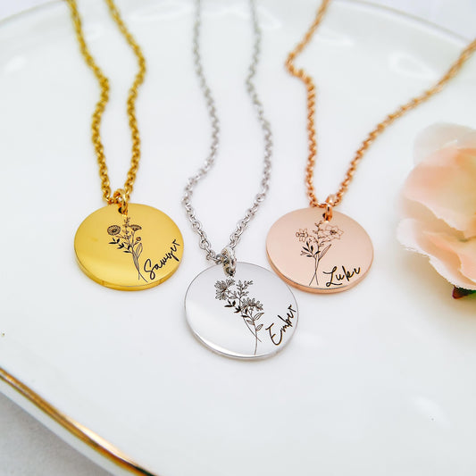 BIRTH FLOWER + NAME NECKLACE - Avy + Tay