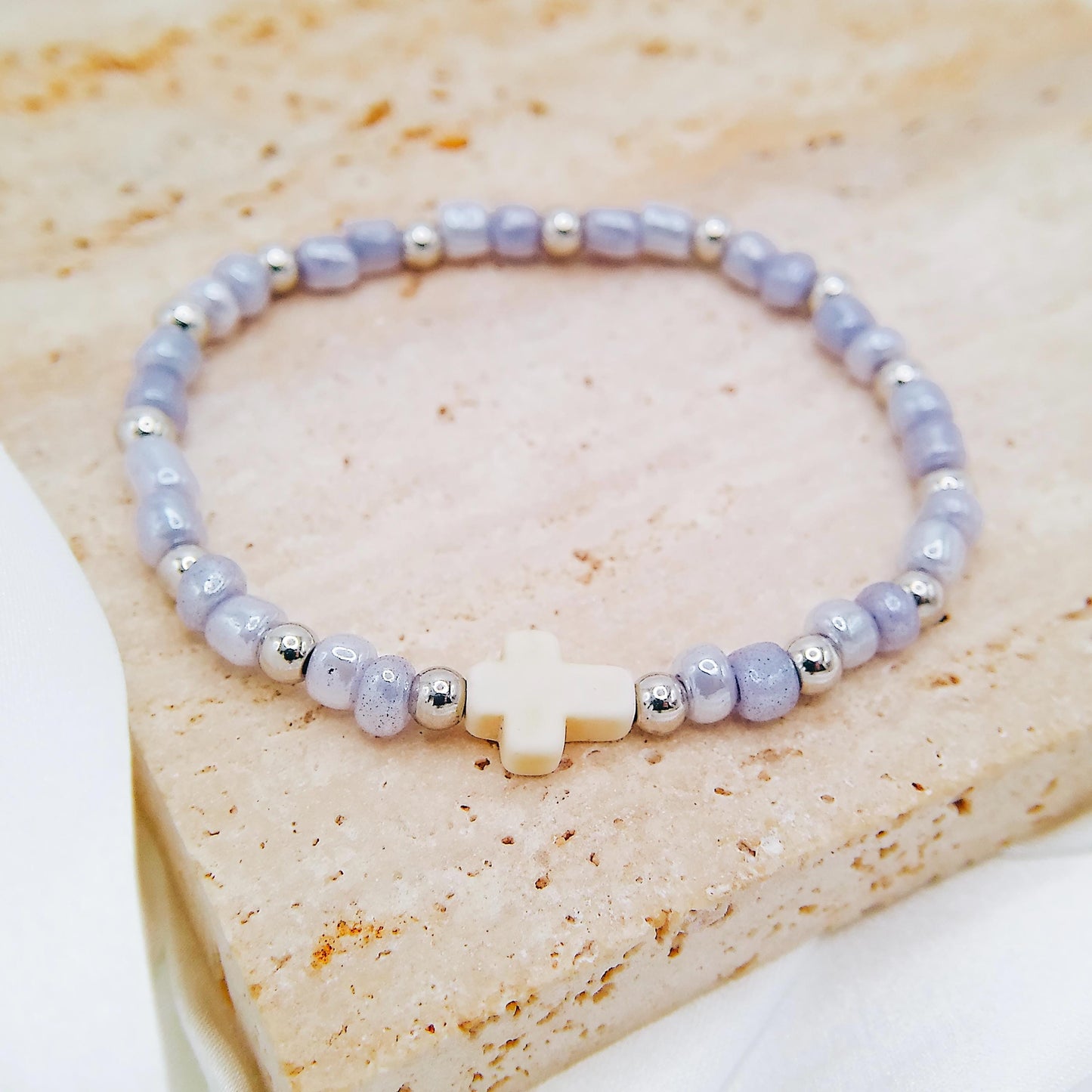 WHITE TURQUOISE CROSS BEADED BRACELET - Avy + Tay