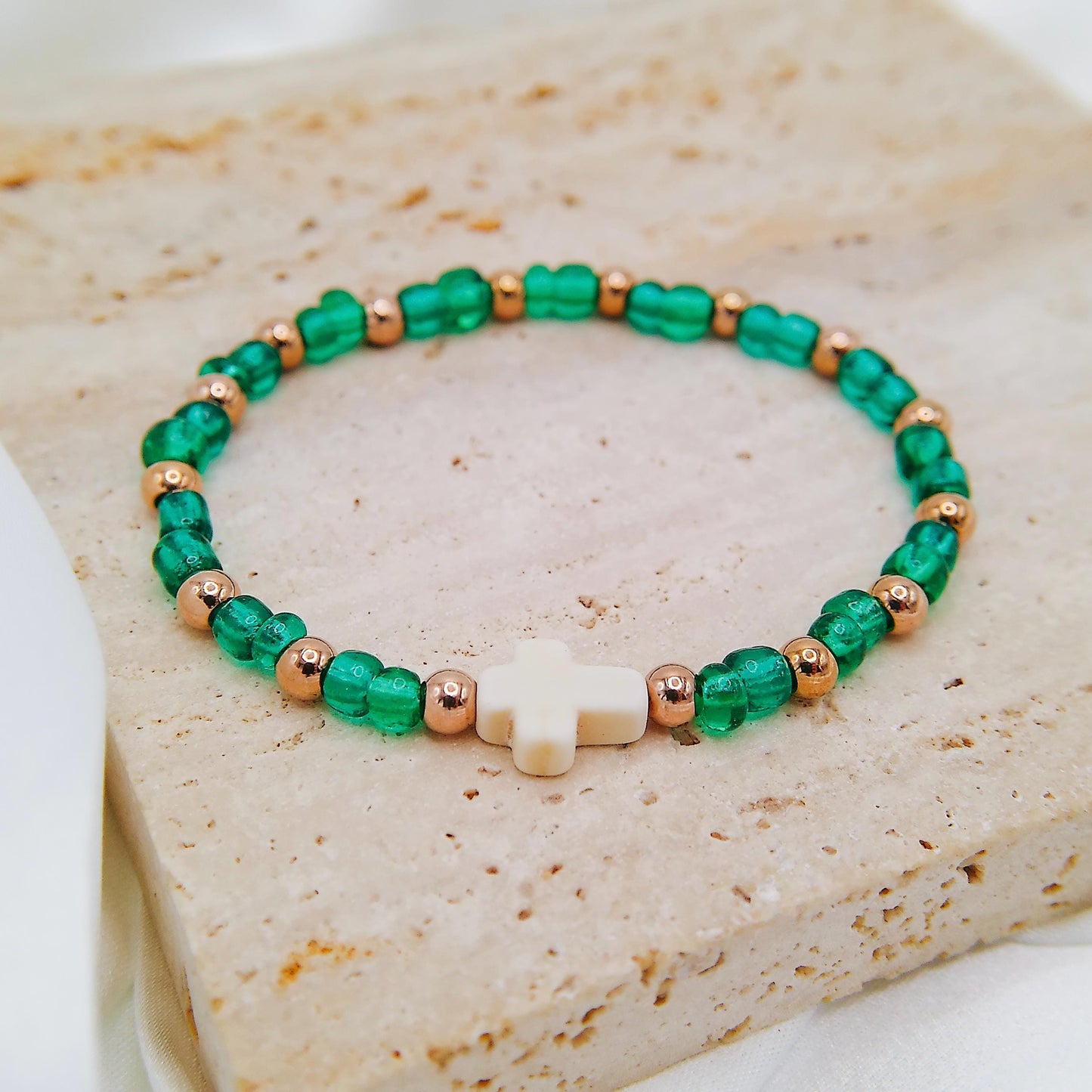 WHITE TURQUOISE CROSS BEADED BRACELET - Avy + Tay