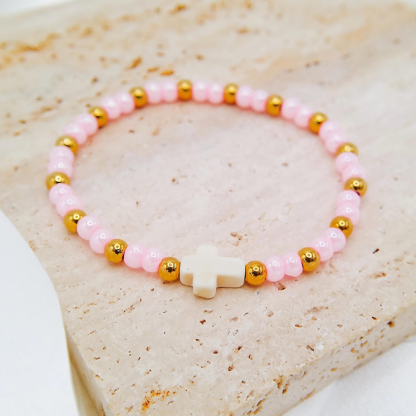 WHITE TURQUOISE CROSS BEADED BRACELET - Avy + Tay