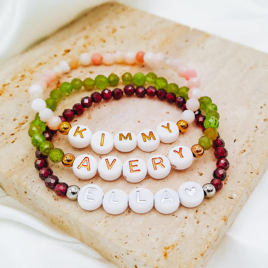 BEADED BIRTHSTONE NAME BRACELET - Avy + Tay