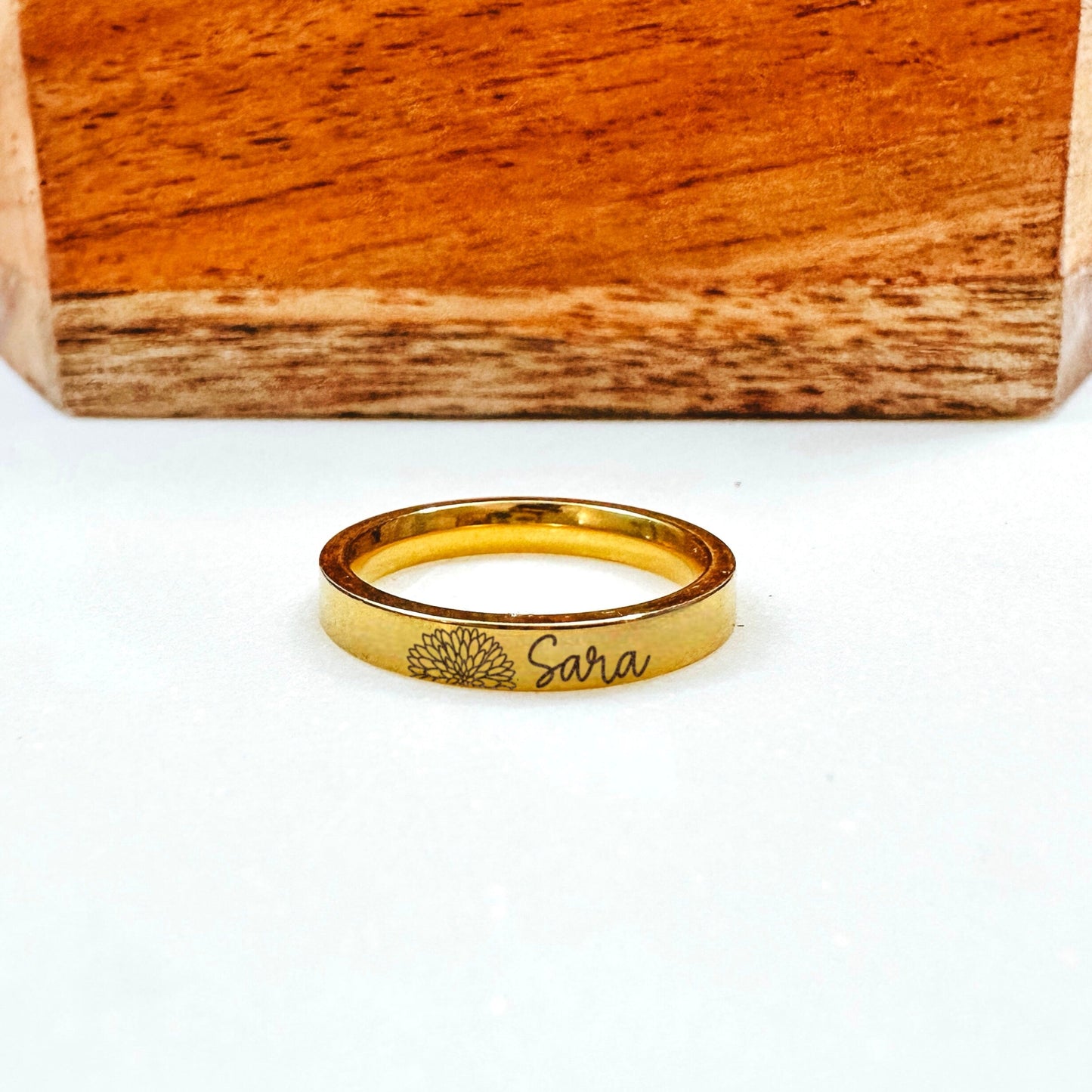 BIRTH FLOWER BUD + NAME RING - Avy + Tay