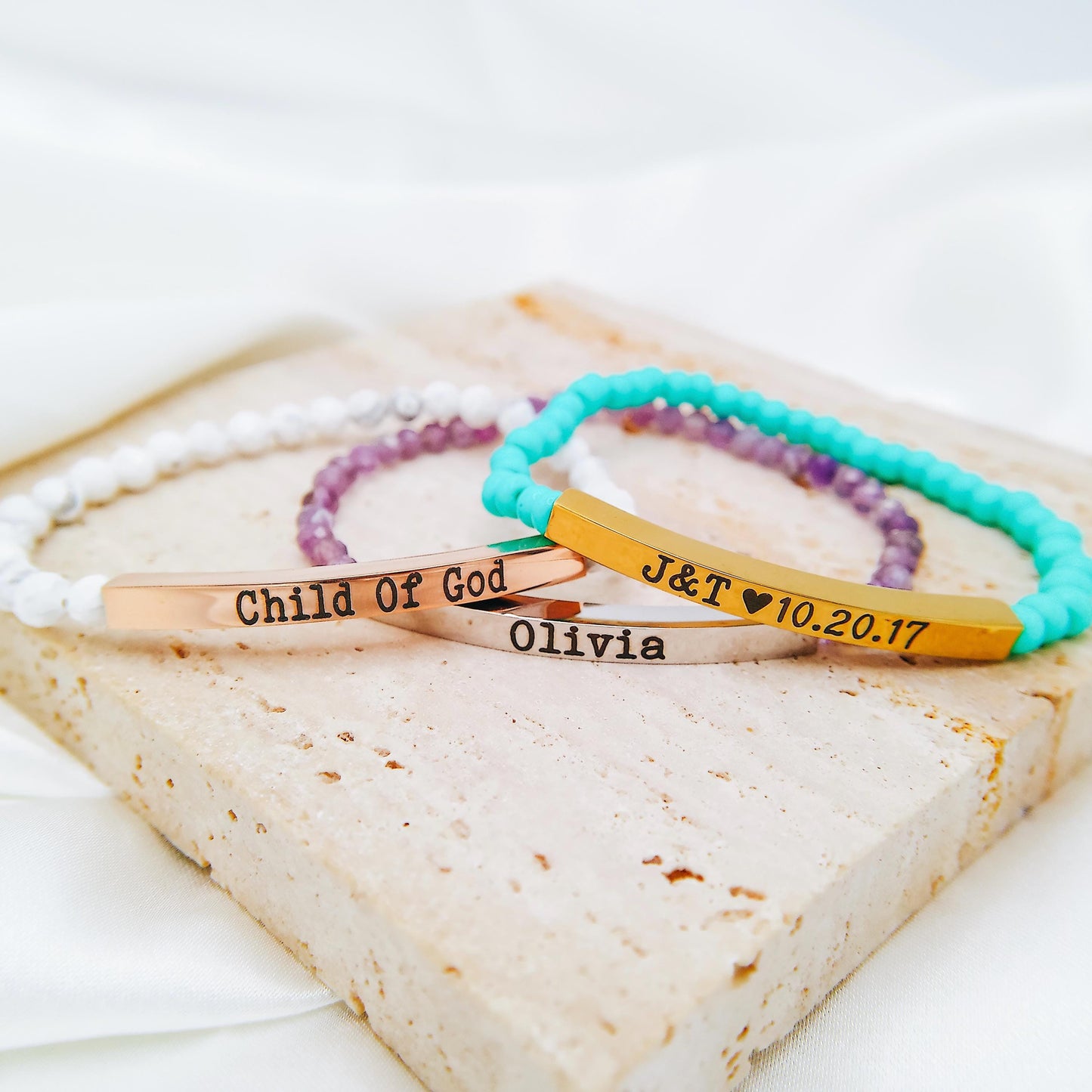 CUSTOM ENGRAVED BEADED BRACELET - Avy + Tay