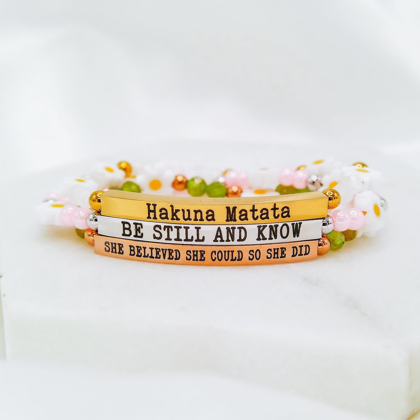 CUSTOM ENGRAVED DAISY BEADED BRACELET - Avy + Tay