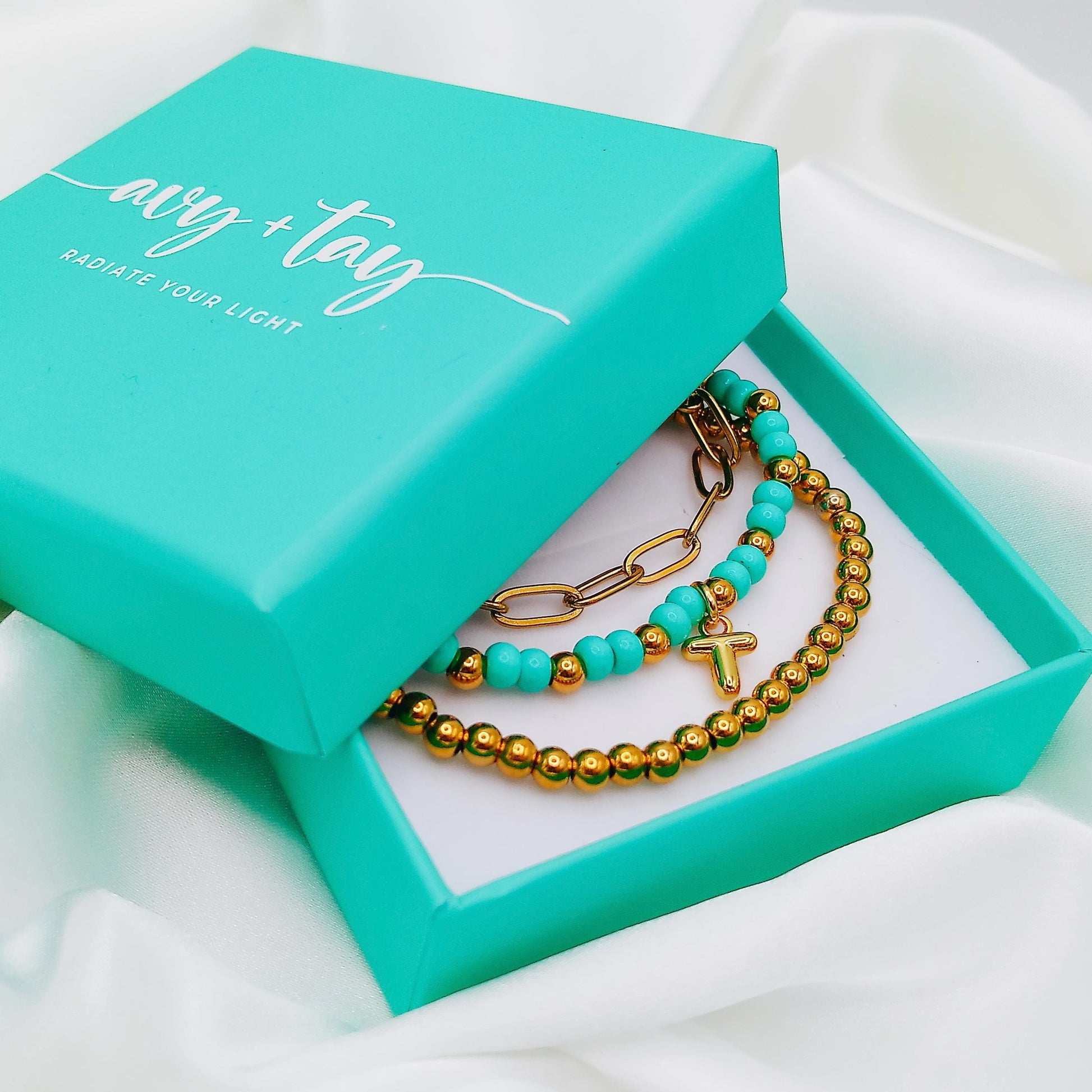 INITIAL CHARM BEADED BRACELET SET - Avy + Tay