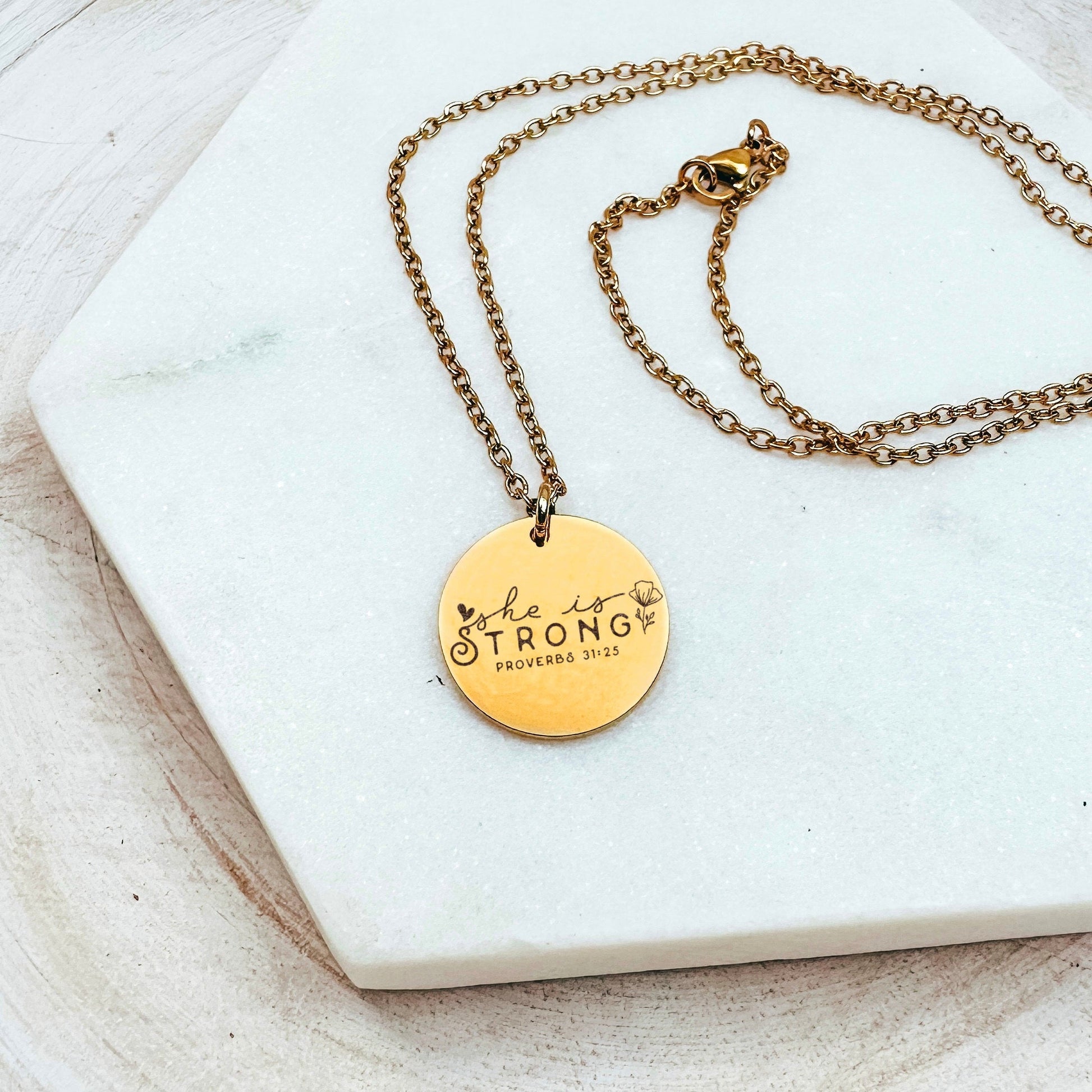 SHE IS STRONG PROVERBS 31:25 NECKLACE - Avy + Tay