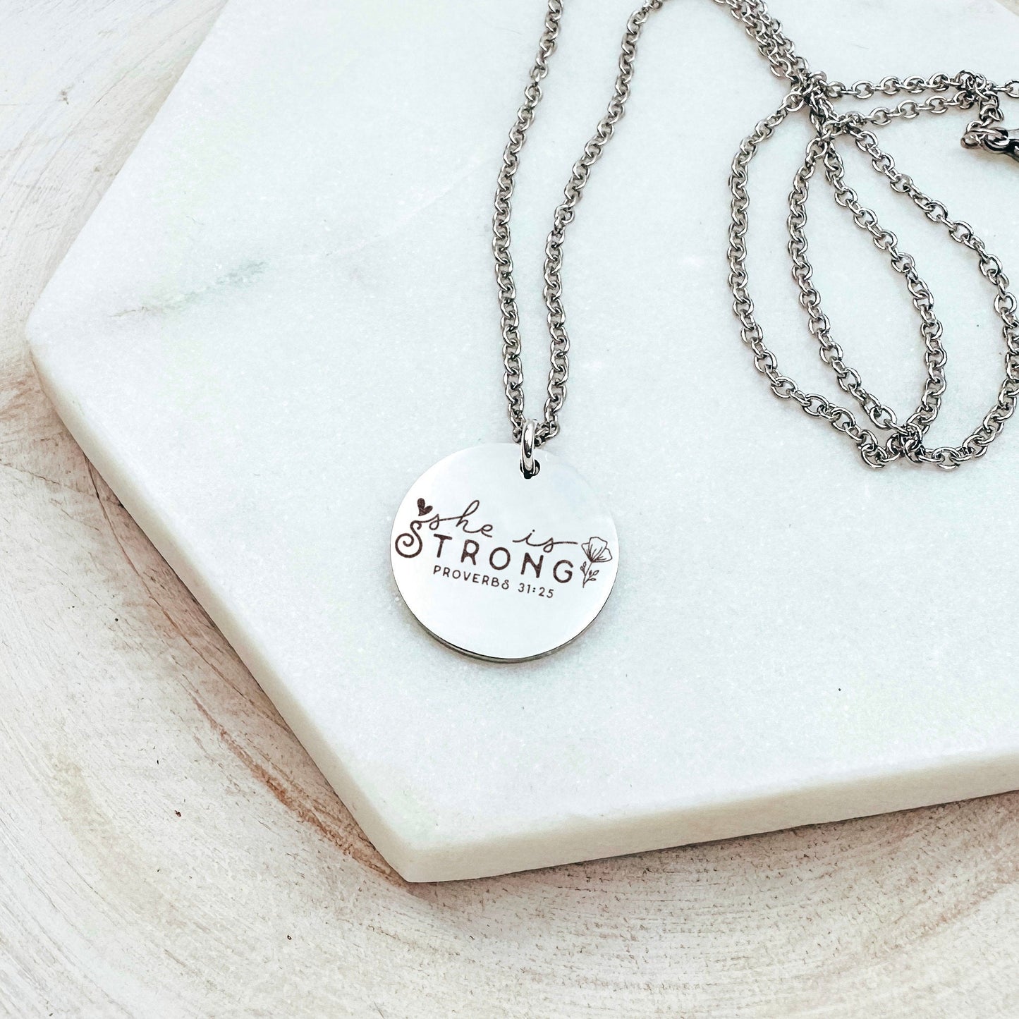 SHE IS STRONG PROVERBS 31:25 NECKLACE - Avy + Tay