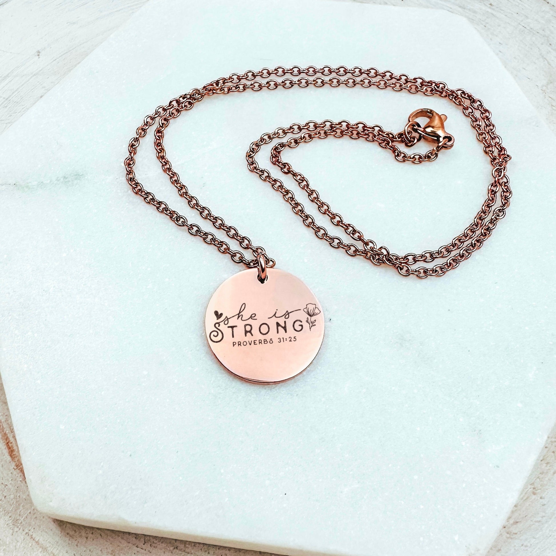 SHE IS STRONG PROVERBS 31:25 NECKLACE - Avy + Tay