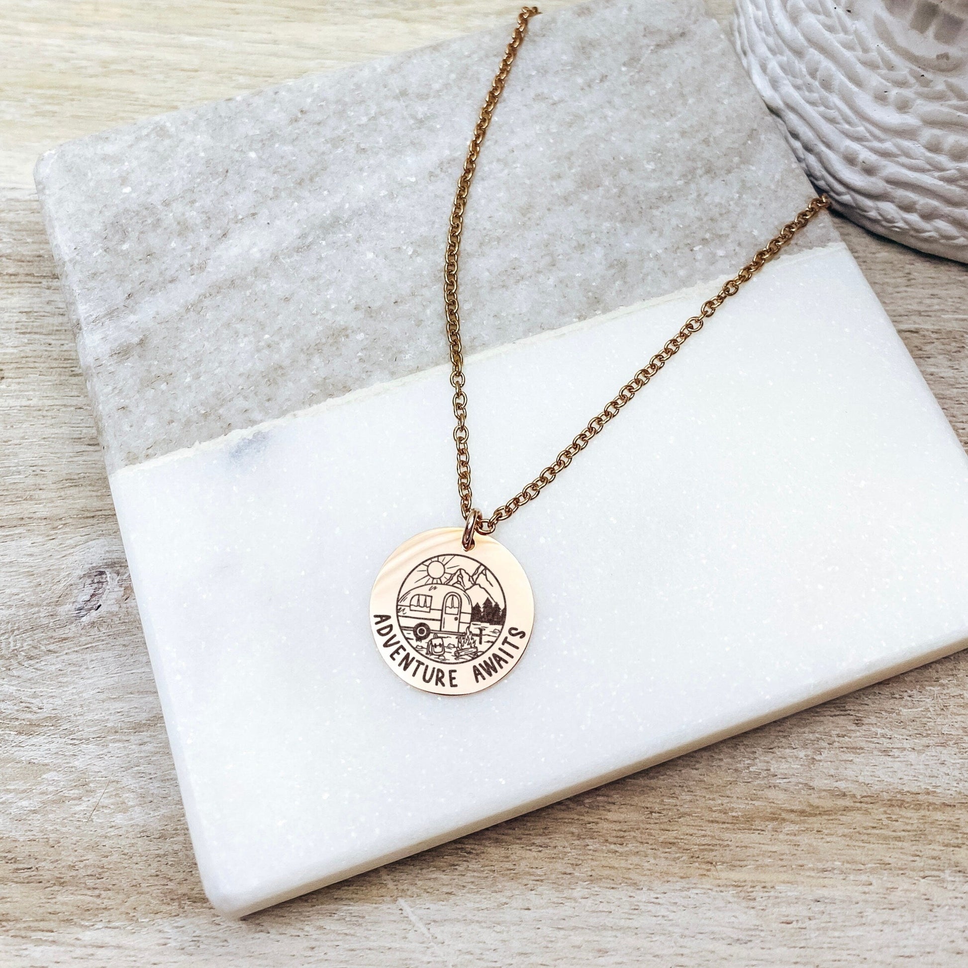 Adventure Awaits Necklace 14k Gold Plated Stainless Steel Inspirational Necklace Handmade Jewelry Made in USA - Avy + Tay