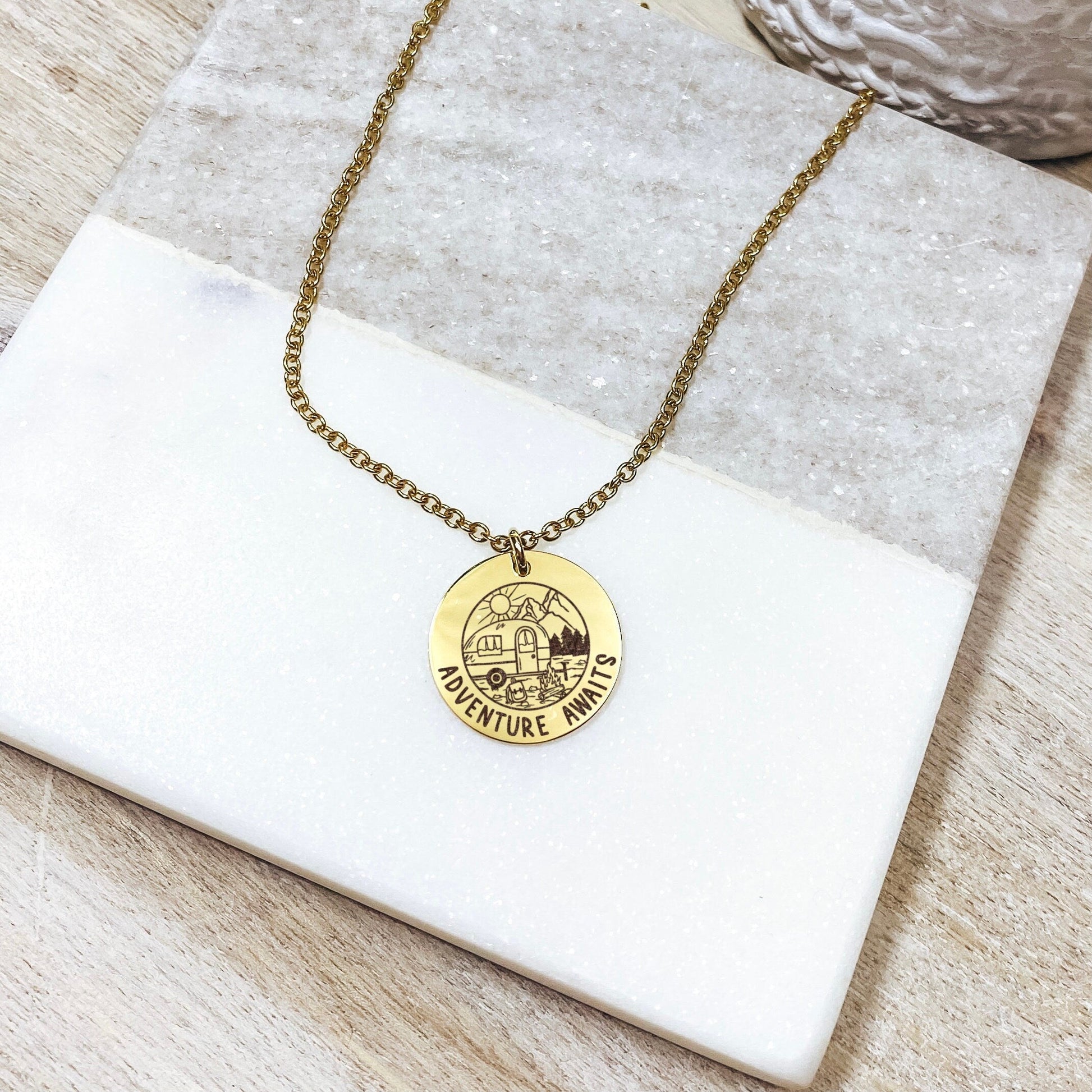 Adventure Awaits Necklace 14k Gold Plated Stainless Steel Inspirational Necklace Handmade Jewelry Made in USA - Avy + Tay