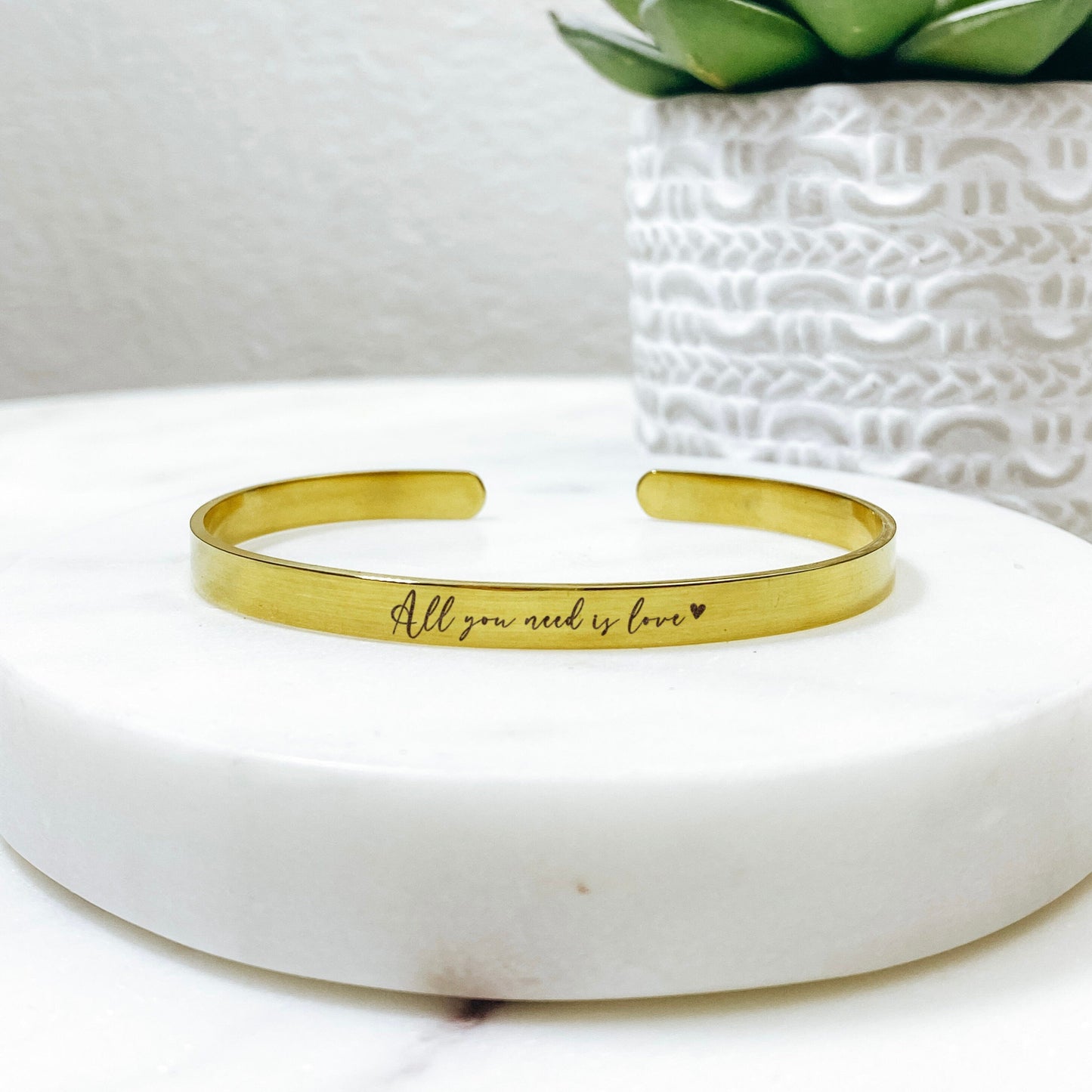 All You Need Is Love Cuff Bracelet 14k Gold Plated Stainless Steel Inspirational Bracelet Handmade Jewelry Made in USA - Avy + Tay