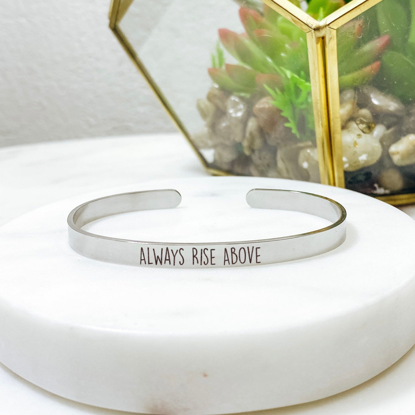 Always Rise Above Cuff Bracelet 14k Gold Plated Stainless Steel Inspirational Bracelet Handmade Jewelry Made in USA - Avy + Tay