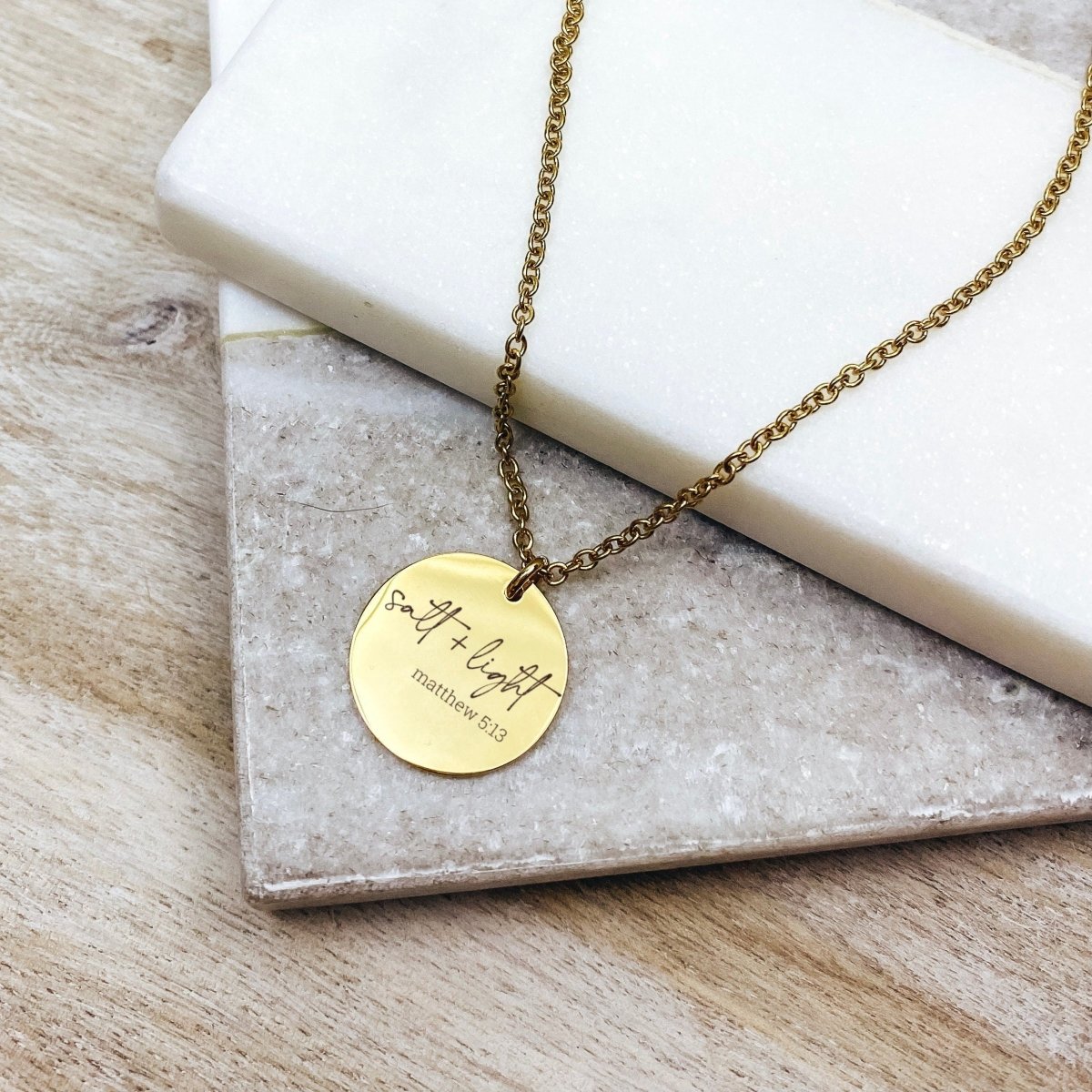 Avy + Tay - Salt + Light Matthew 5:13 Necklace - 14k Gold Plated Stainless Steel - Faith Necklace - Handmade Jewelry - Made in USA - Avy + Tay