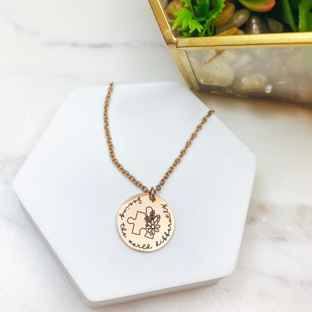 Avy + Tay - Seeing The World Differently Necklace - 14k Gold Plated Stainless Steel - Autism Necklace - Handmade Jewelry - Made in USA - Avy + Tay