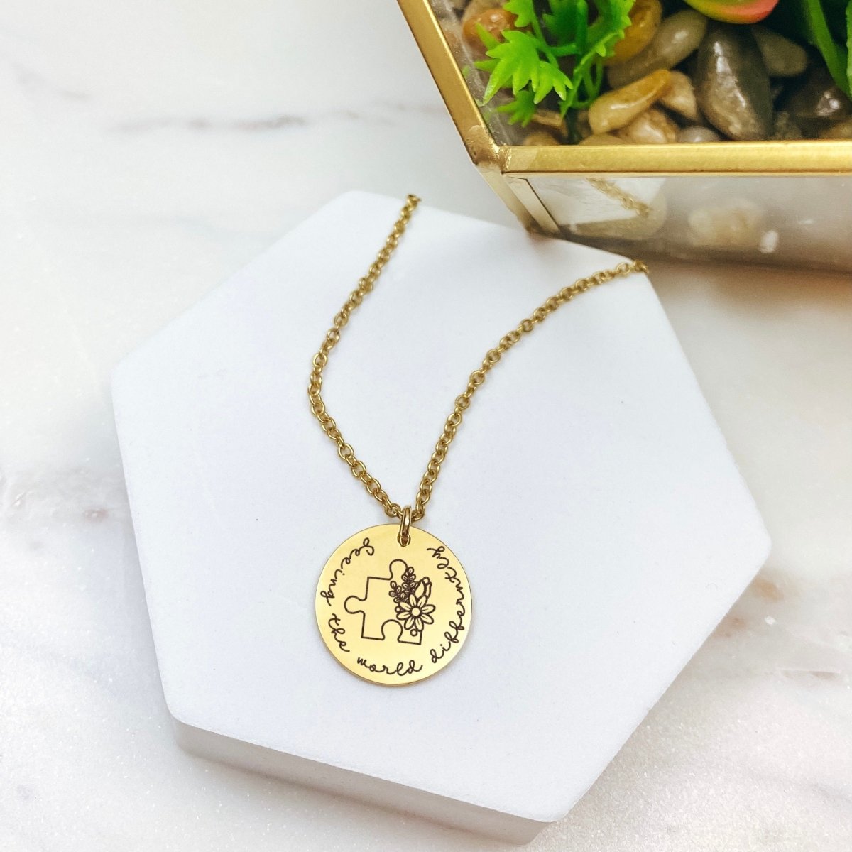 Avy + Tay - Seeing The World Differently Necklace - 14k Gold Plated Stainless Steel - Autism Necklace - Handmade Jewelry - Made in USA - Avy + Tay