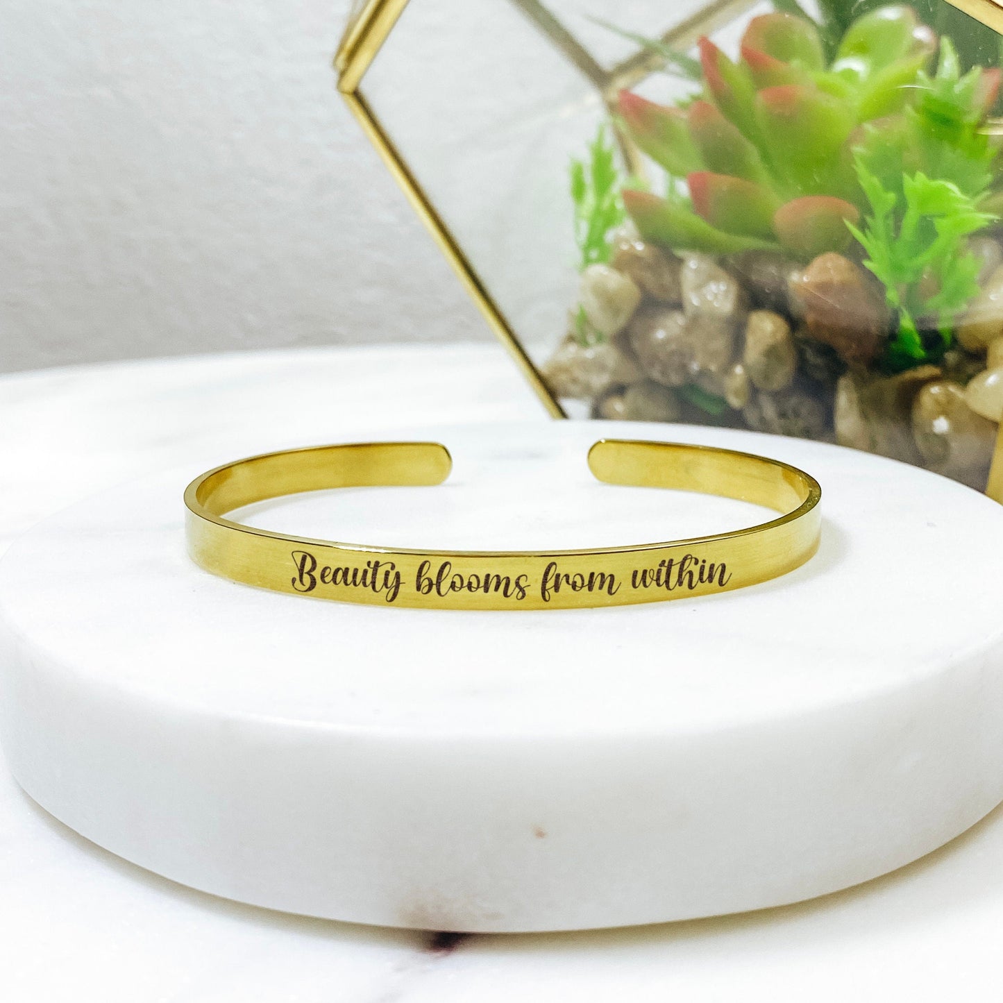 Beauty Blooms From Within Cuff Bracelet 14k Gold Plated Stainless Steel Inspirational Bracelet Handmade Jewelry Made in USA - Avy + Tay