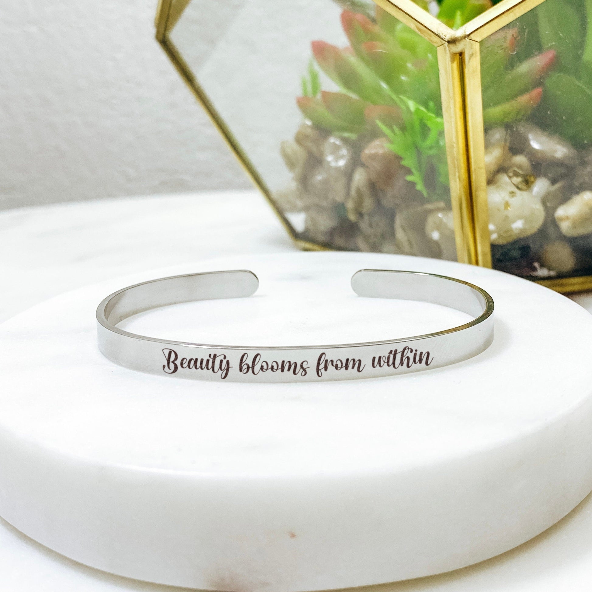 Beauty Blooms From Within Cuff Bracelet 14k Gold Plated Stainless Steel Inspirational Bracelet Handmade Jewelry Made in USA - Avy + Tay