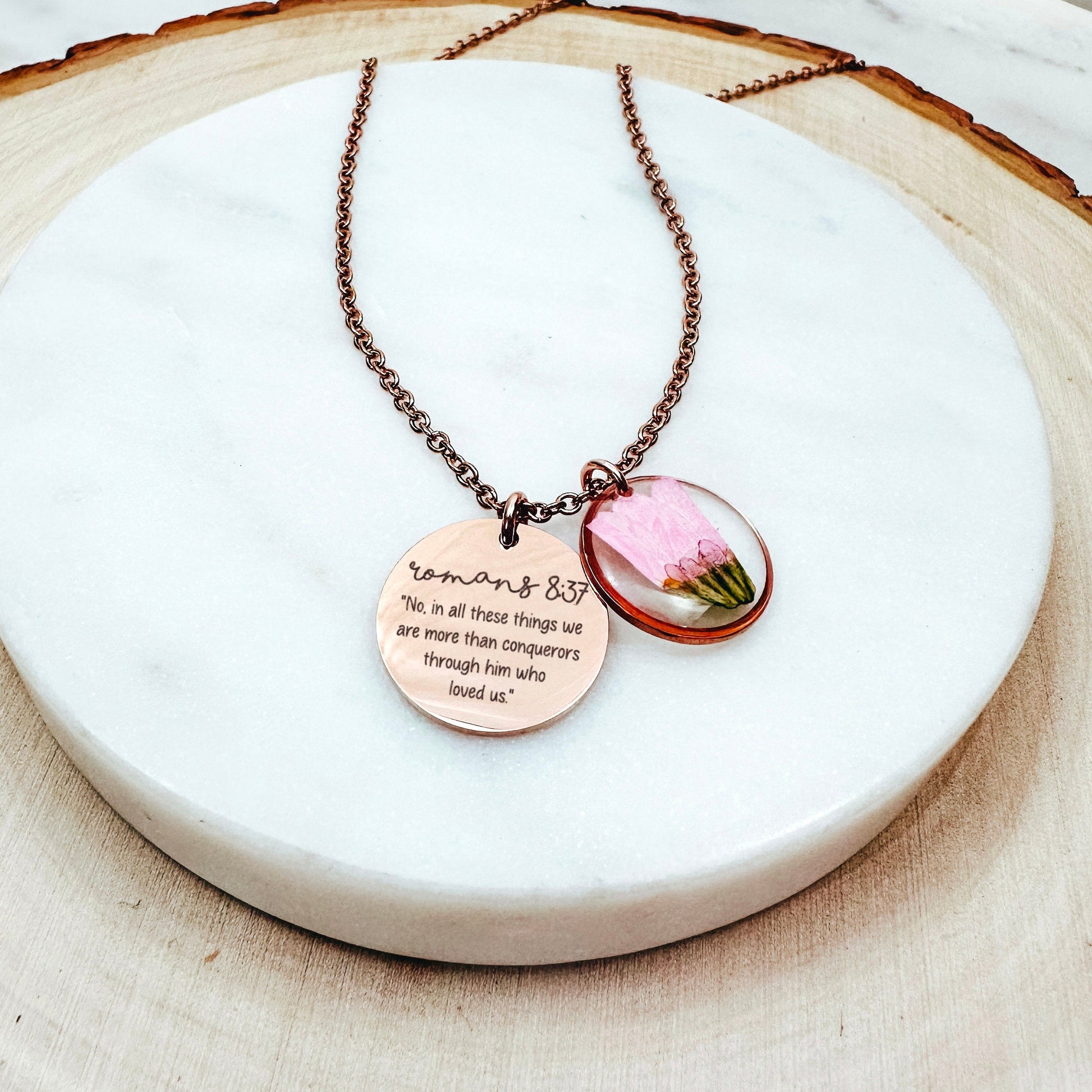 BIBLE VERSE + REAL BIRTH FLOWER NECKLACE - Avy + Tay