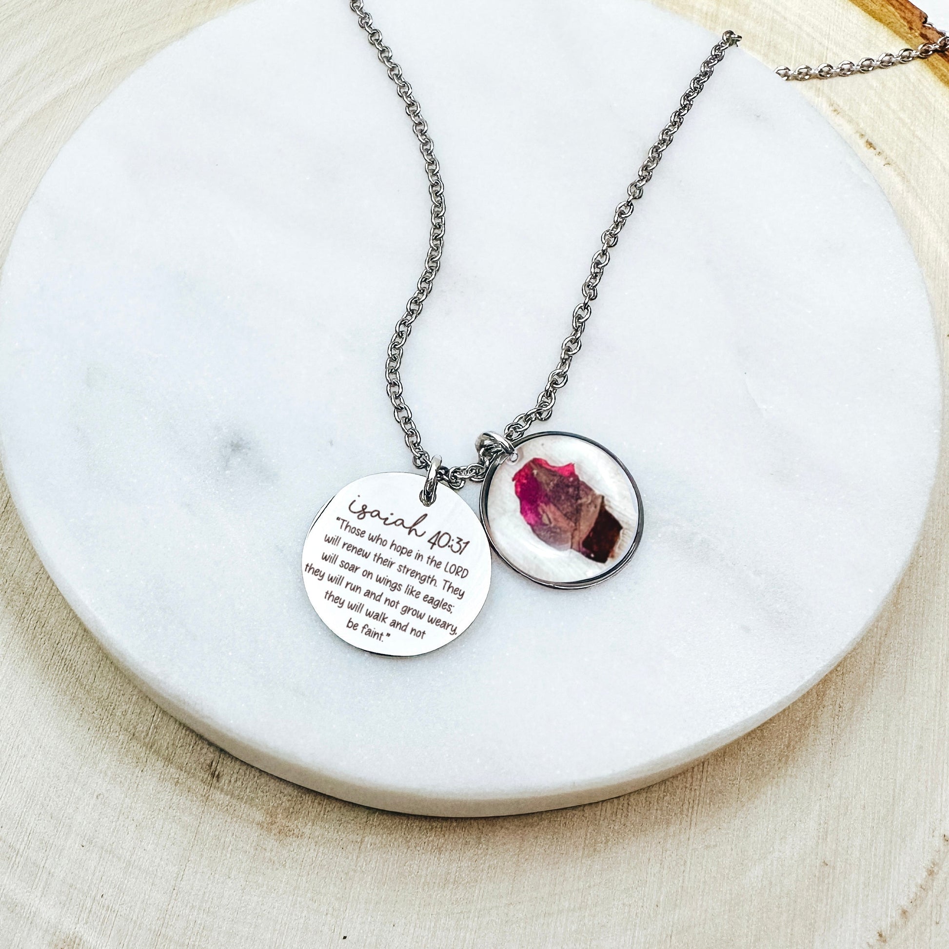 BIBLE VERSE + REAL BIRTH FLOWER NECKLACE - Avy + Tay