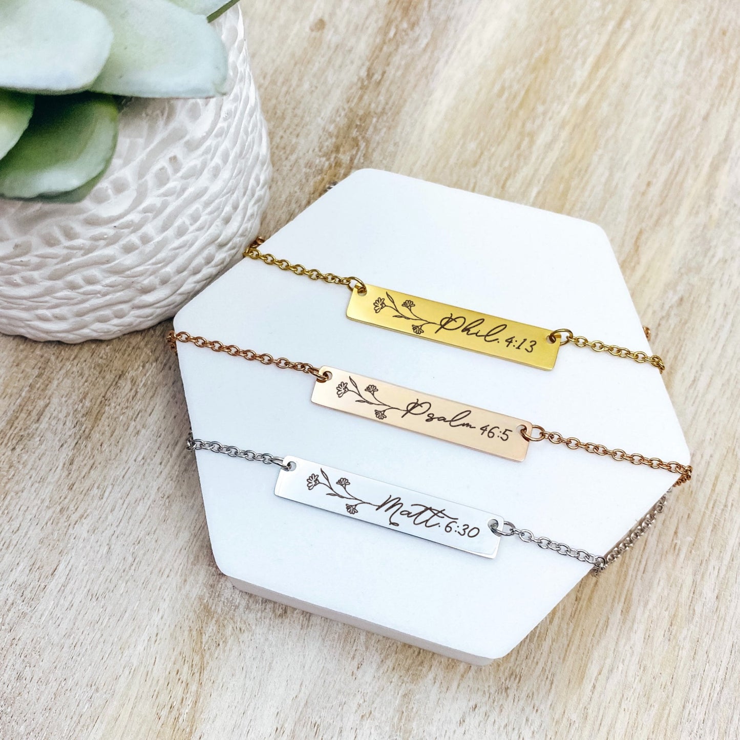 BIBLE VERSE WILDFLOWER BAR NECKLACE - Avy + Tay