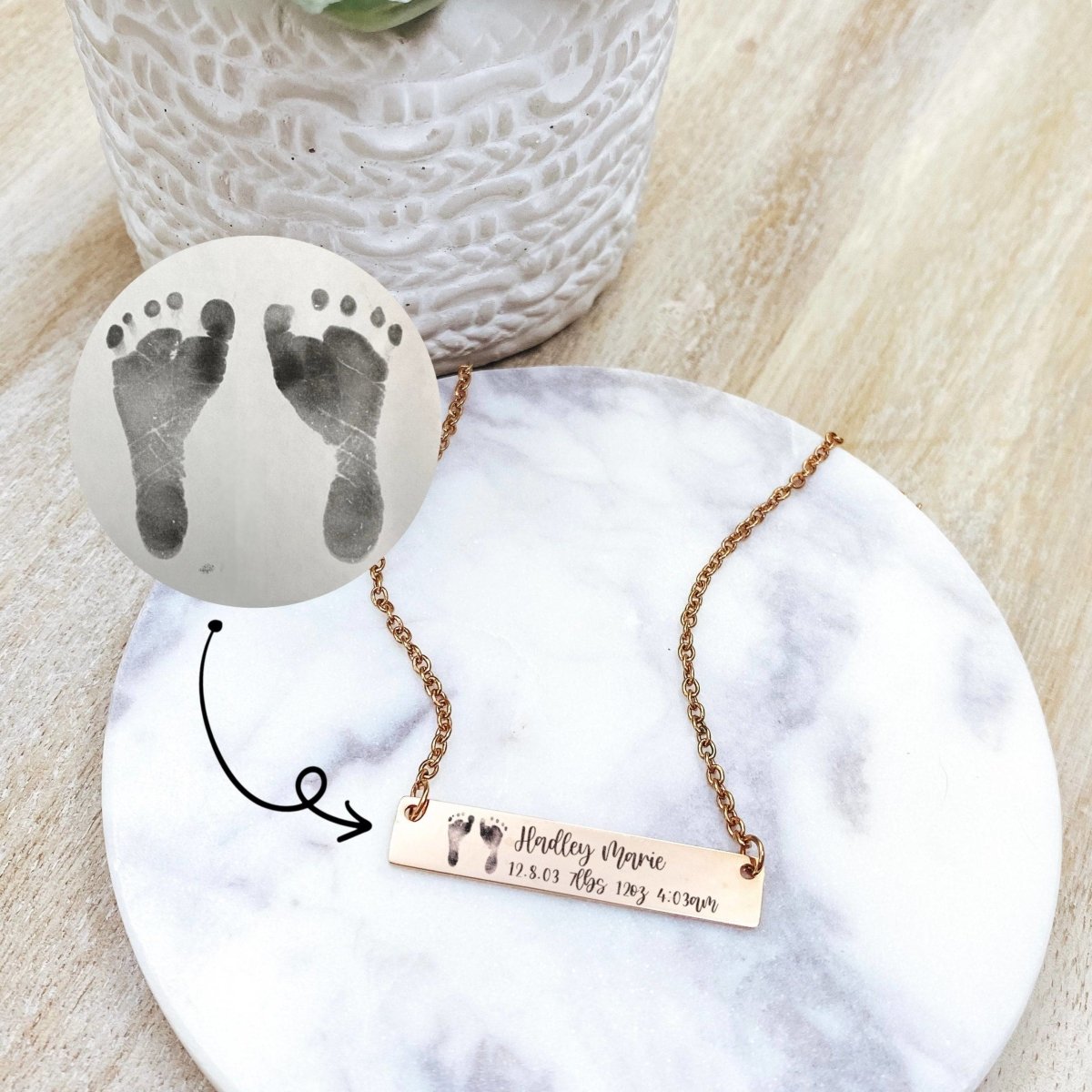 BIRTH ANNOUNCEMENT FOOTPRINT NECKLACE - Avy + Tay