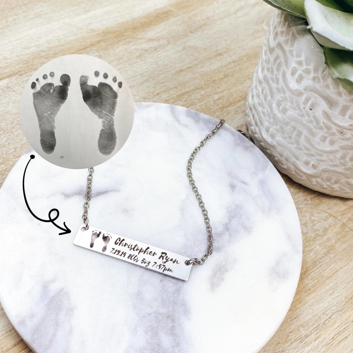 BIRTH ANNOUNCEMENT FOOTPRINT NECKLACE - Avy + Tay