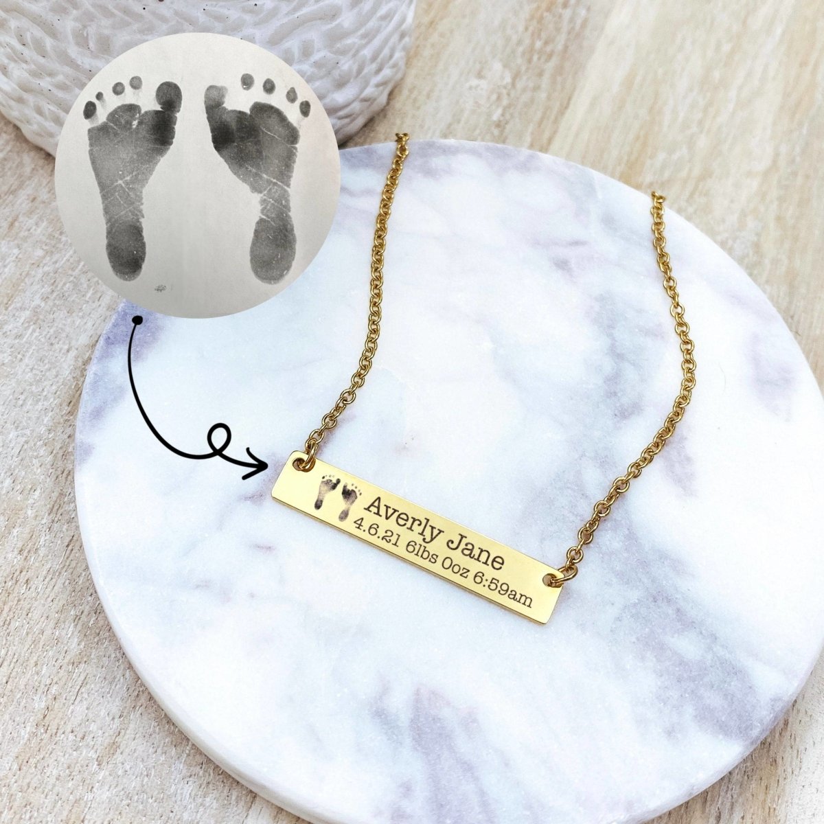 BIRTH ANNOUNCEMENT FOOTPRINT NECKLACE - Avy + Tay