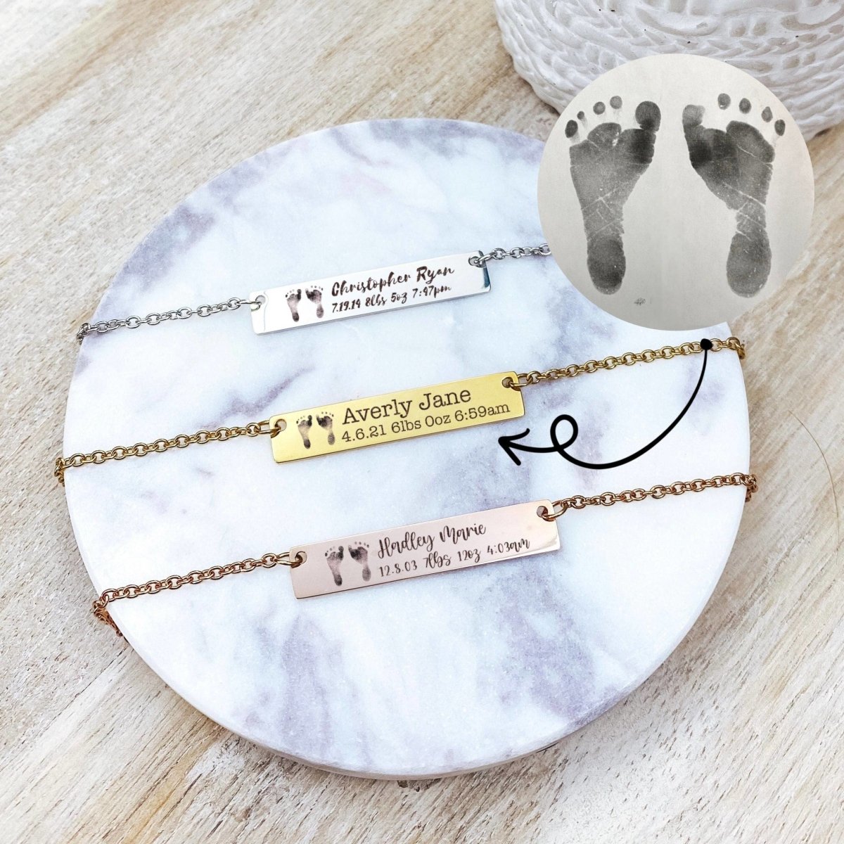 BIRTH ANNOUNCEMENT FOOTPRINT NECKLACE - Avy + Tay