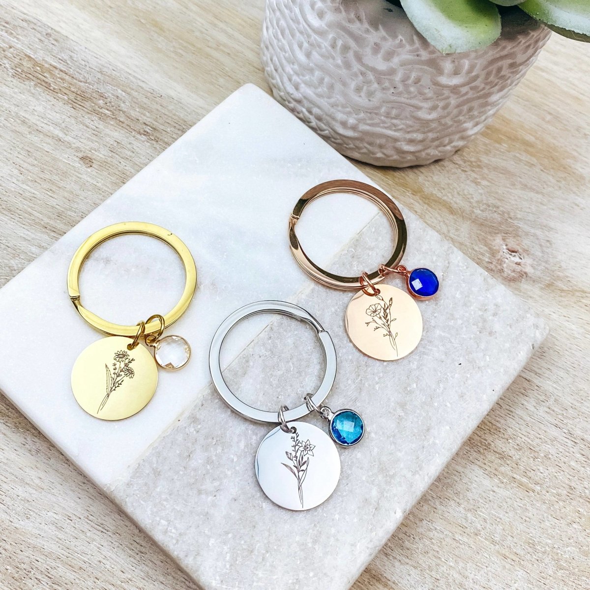 BIRTH FLOWER BIRTHSTONE KEYCHAIN - Avy + Tay