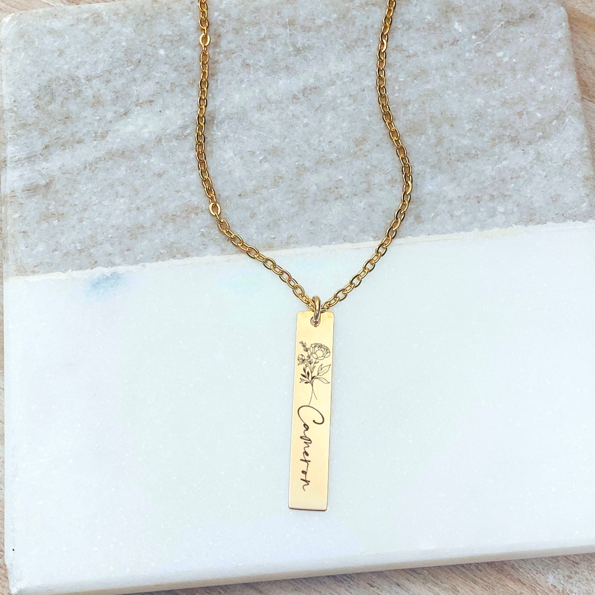 BIRTH FLOWER + NAME BAR NECKLACE - Avy + Tay