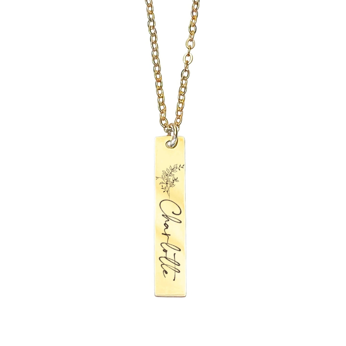 BIRTH FLOWER + NAME BAR NECKLACE - Avy + Tay