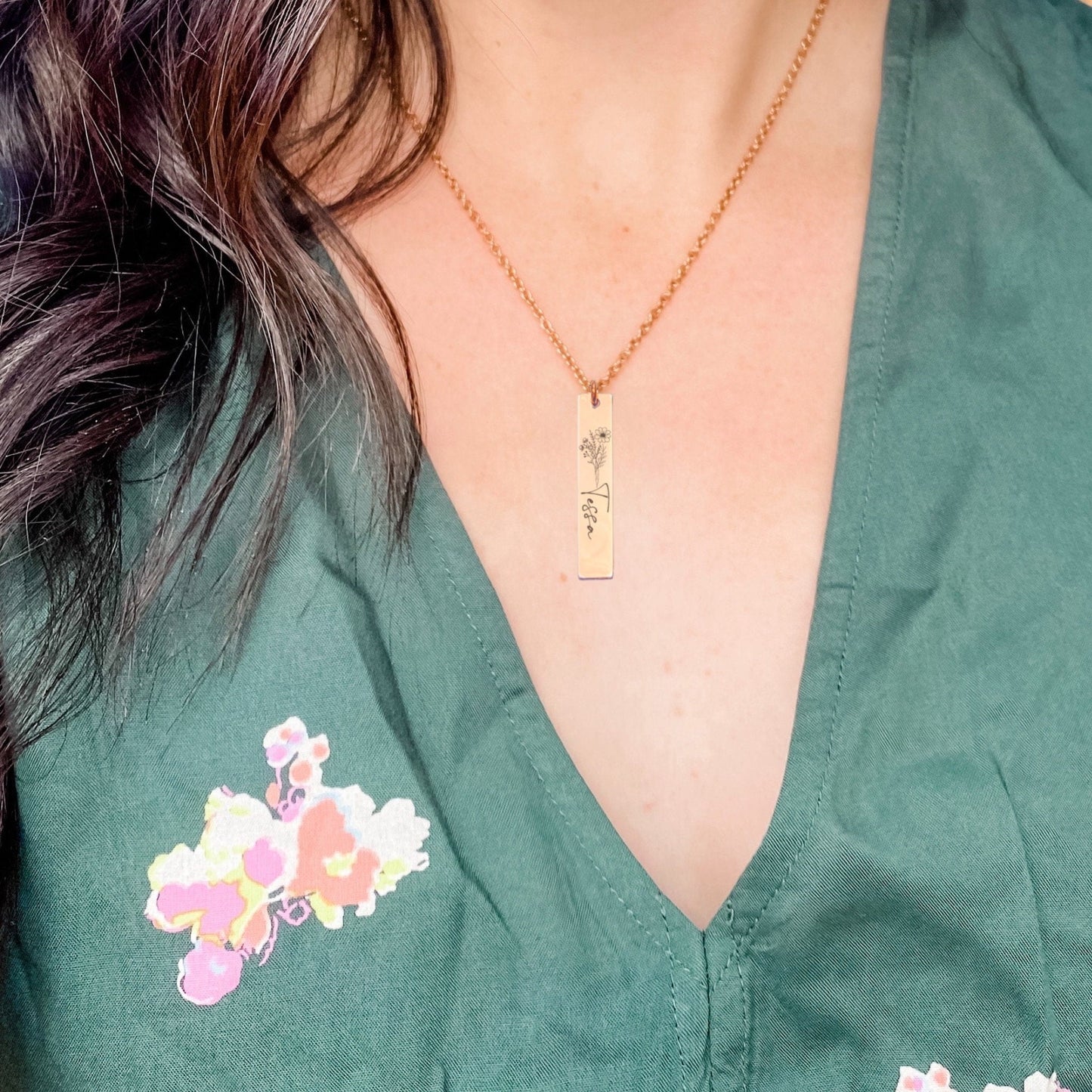 BIRTH FLOWER + NAME BAR NECKLACE - Avy + Tay