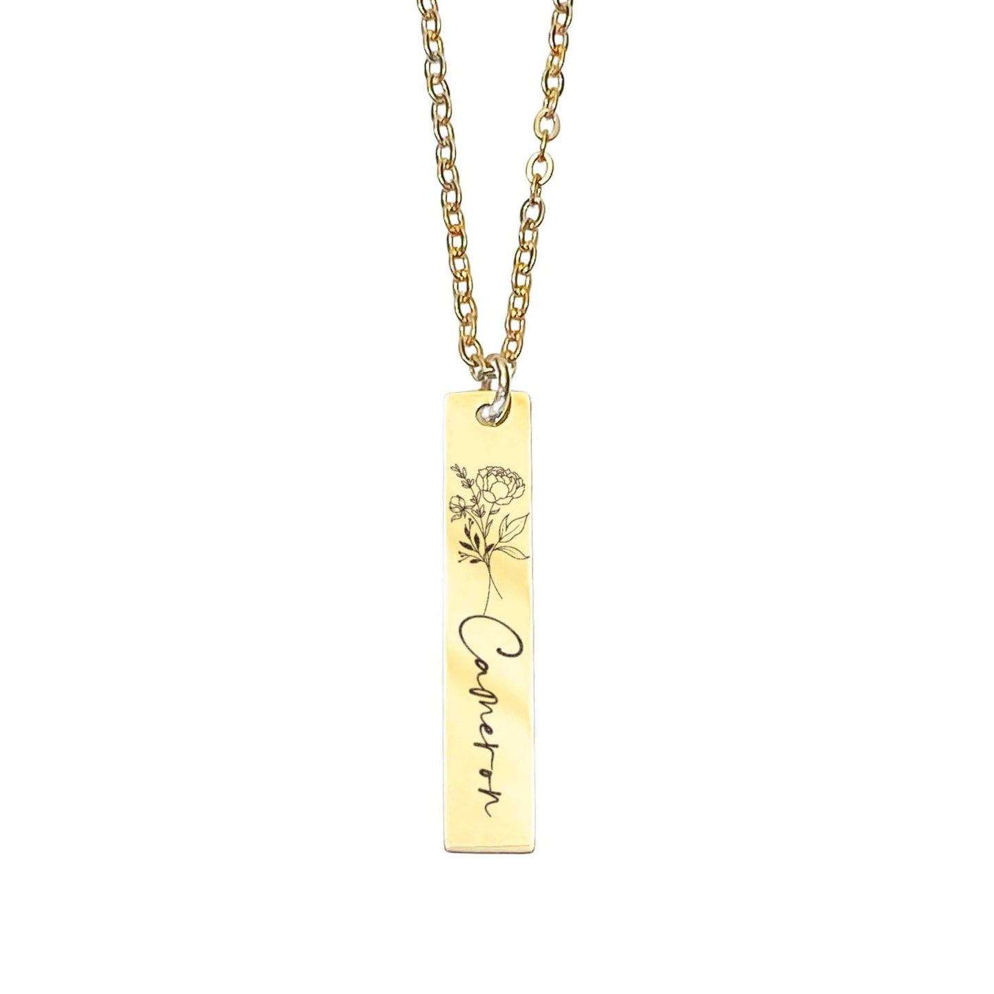 BIRTH FLOWER + NAME BAR NECKLACE - Avy + Tay