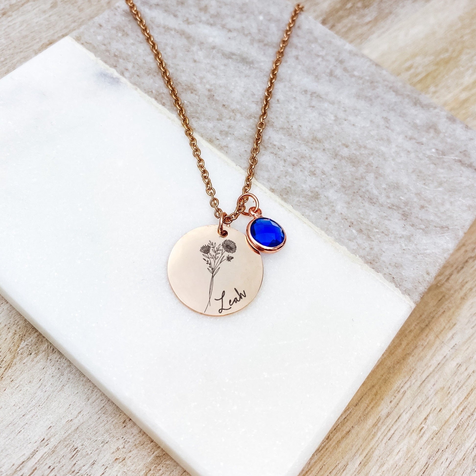 BIRTH FLOWER + NAME + BIRTHSTONE NECKLACE - Avy + Tay