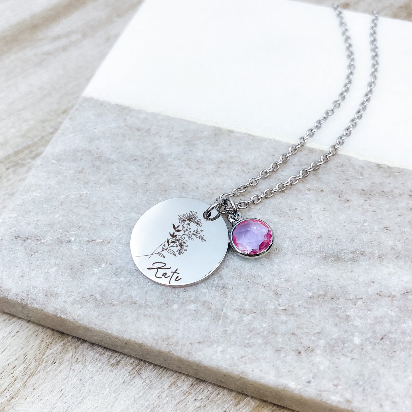 BIRTH FLOWER + NAME + BIRTHSTONE NECKLACE - Avy + Tay