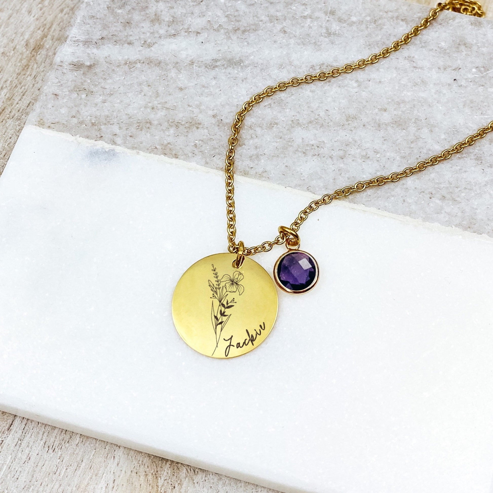 BIRTH FLOWER + NAME + BIRTHSTONE NECKLACE - Avy + Tay