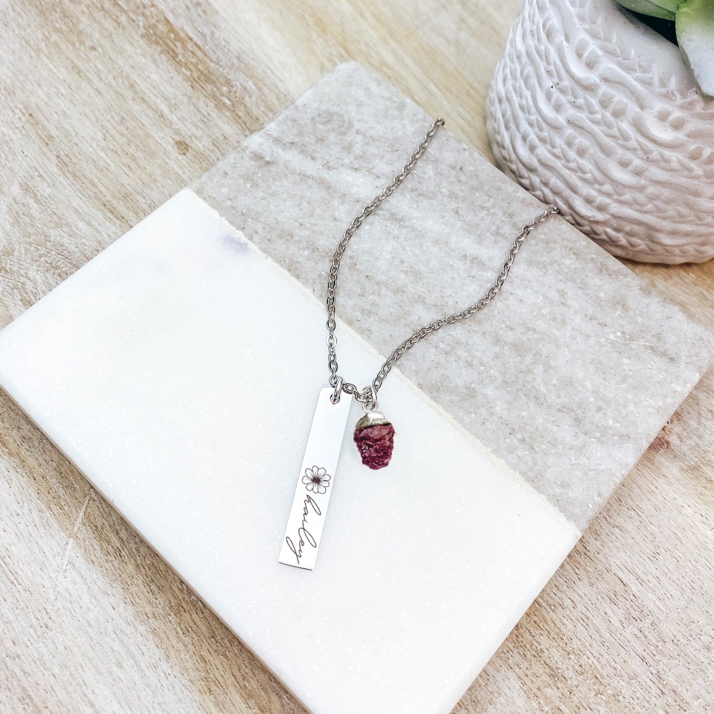 BIRTH FLOWER + NAME + RAW BIRTHSTONE BAR NECKLACE - Avy + Tay