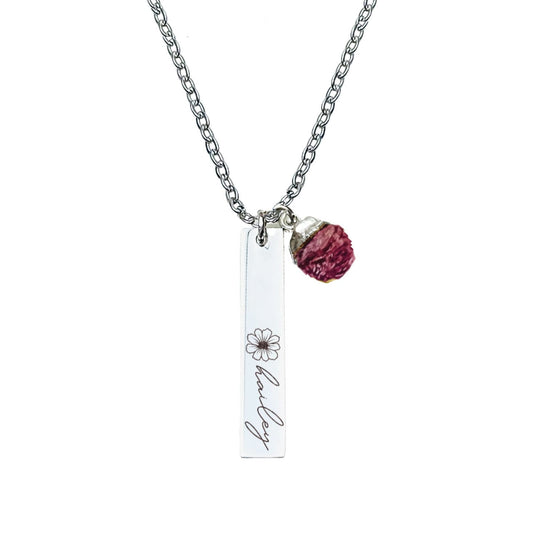 BIRTH FLOWER + NAME + RAW BIRTHSTONE BAR NECKLACE - Avy + Tay