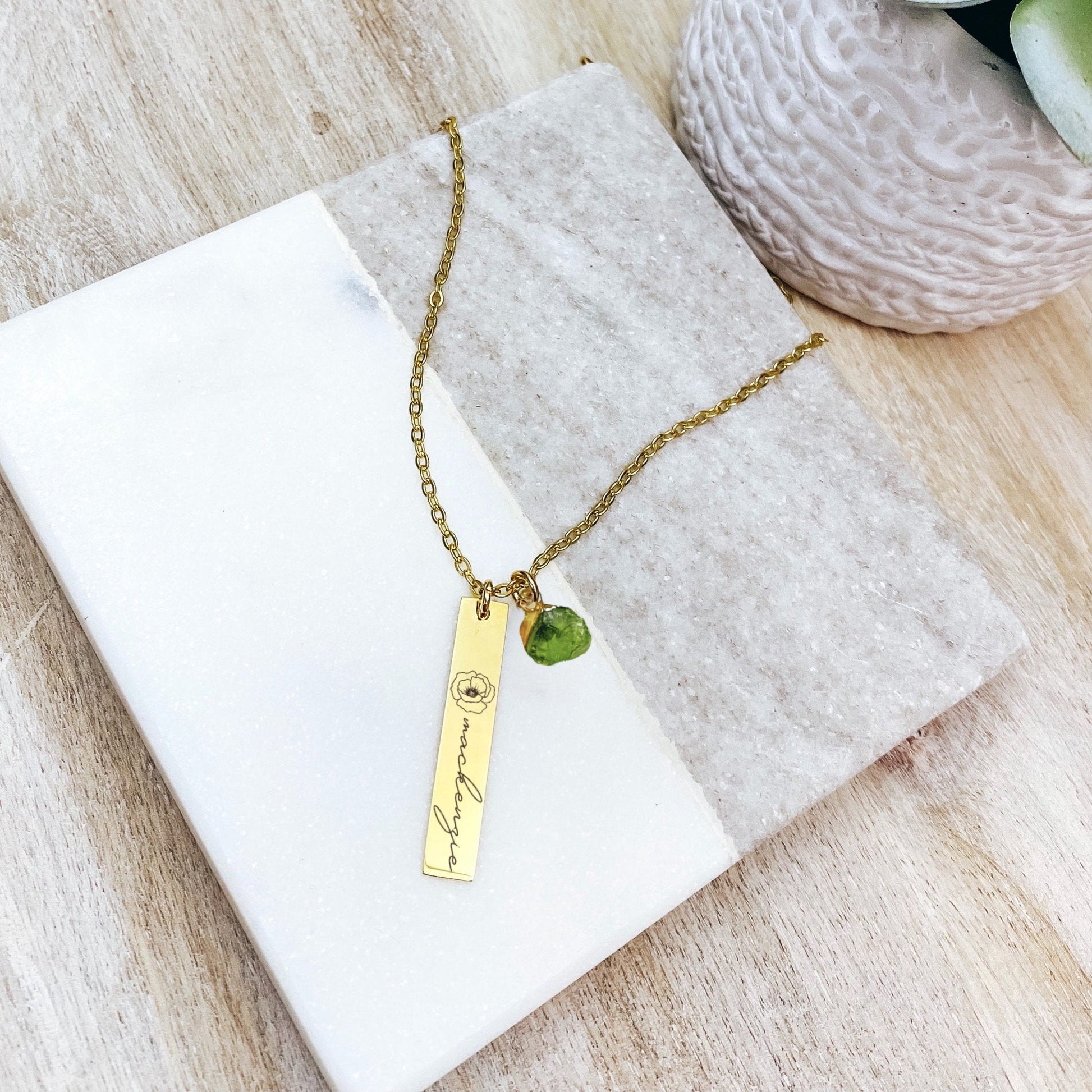 BIRTH FLOWER + NAME + RAW BIRTHSTONE BAR NECKLACE - Avy + Tay