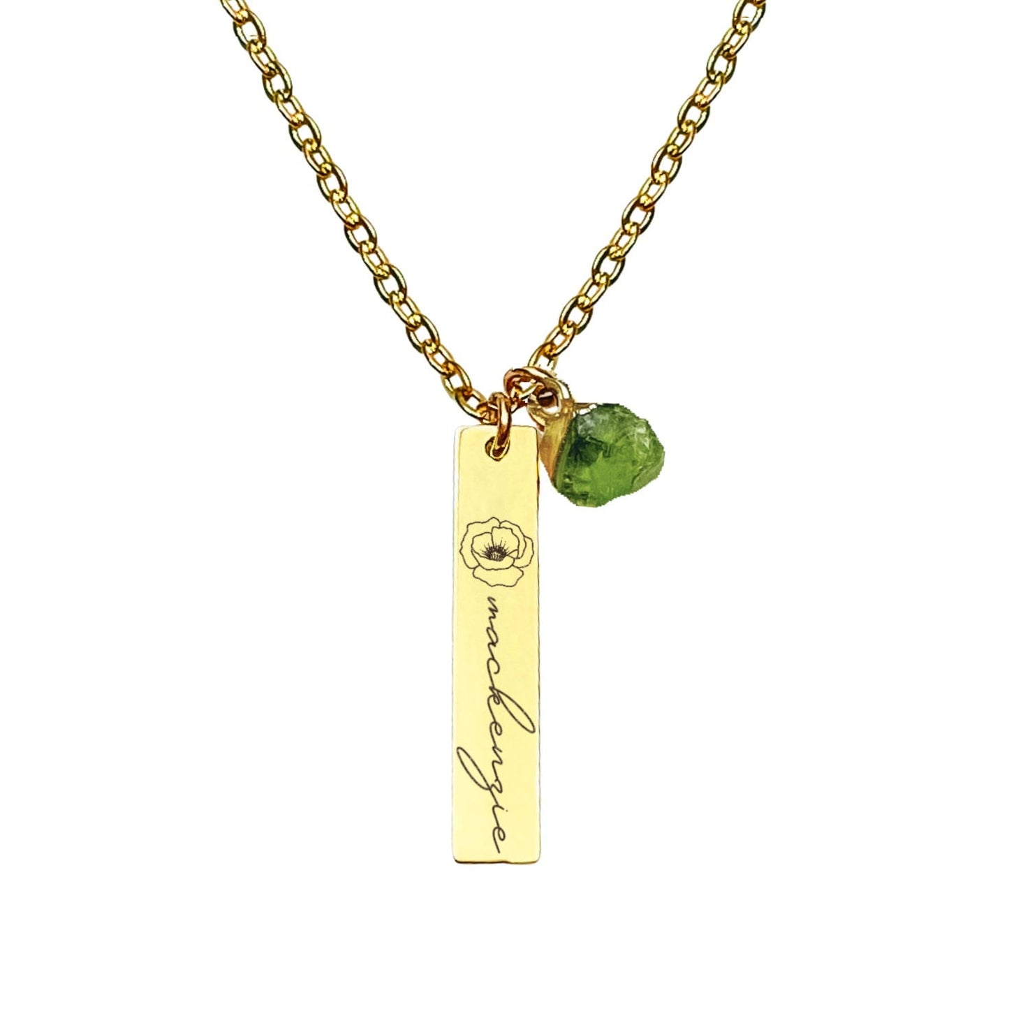 BIRTH FLOWER + NAME + RAW BIRTHSTONE BAR NECKLACE - Avy + Tay