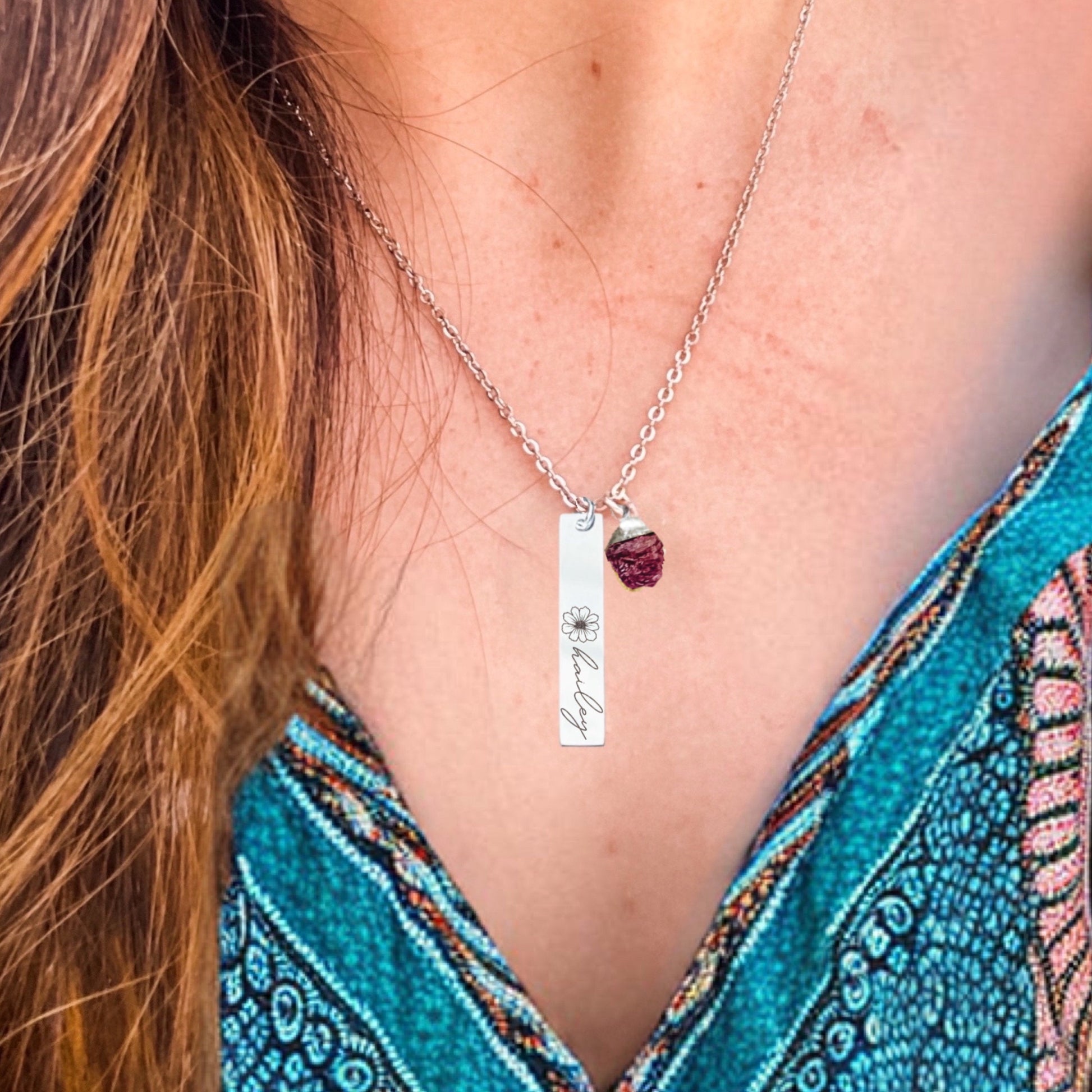 BIRTH FLOWER + NAME + RAW BIRTHSTONE BAR NECKLACE - Avy + Tay