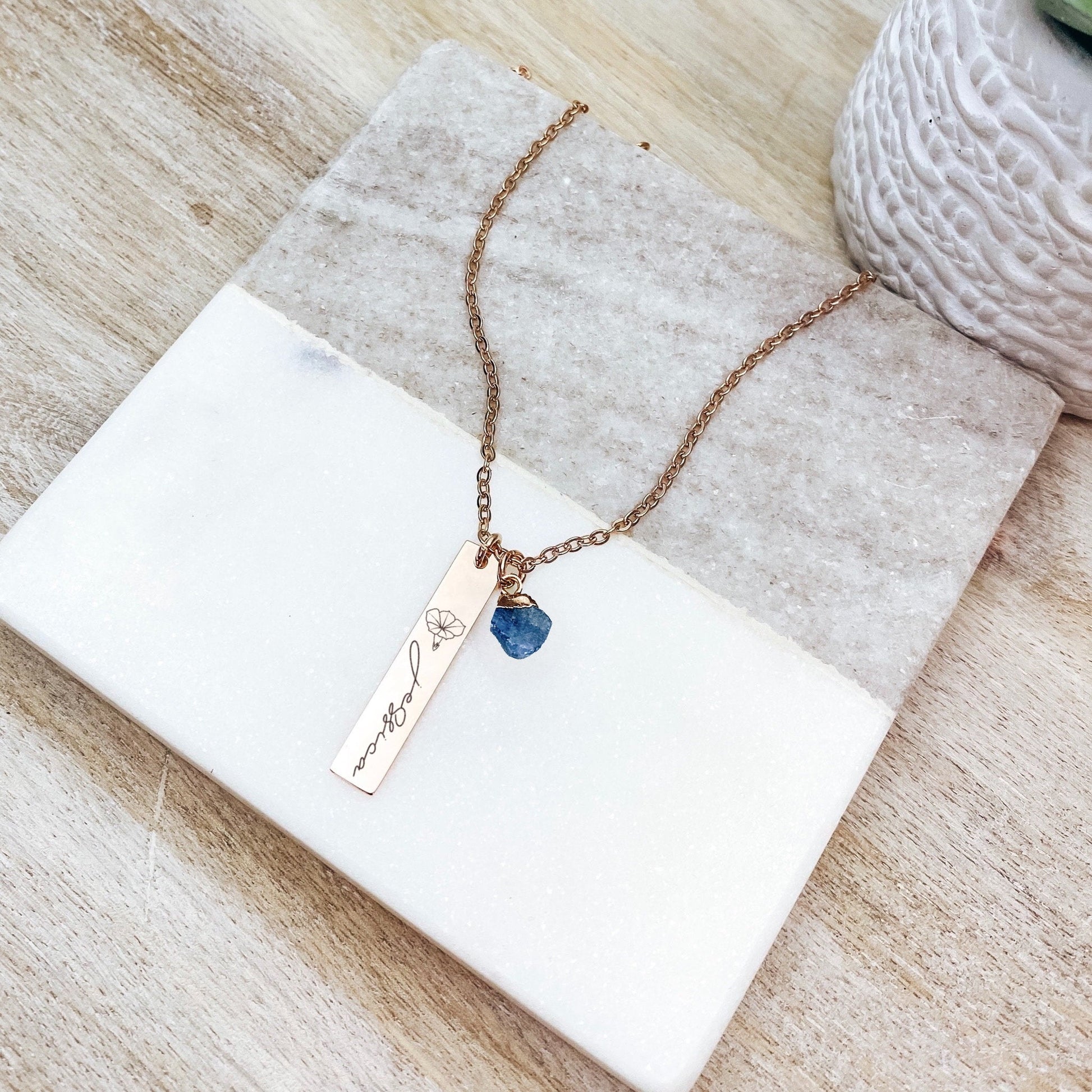 BIRTH FLOWER + NAME + RAW BIRTHSTONE BAR NECKLACE - Avy + Tay