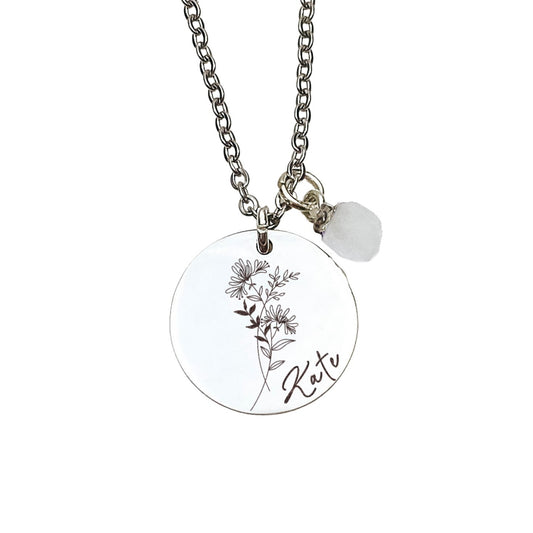 BIRTH FLOWER + NAME + RAW BIRTHSTONE NECKLACE - Avy + Tay