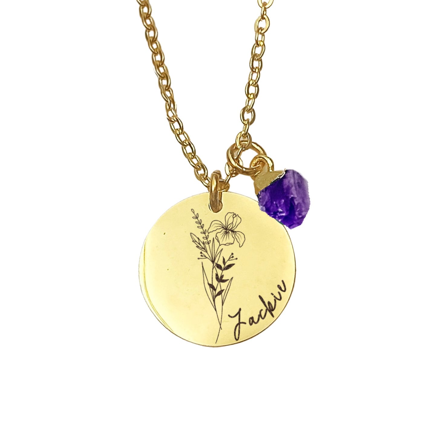 BIRTH FLOWER + NAME + RAW BIRTHSTONE NECKLACE - Avy + Tay