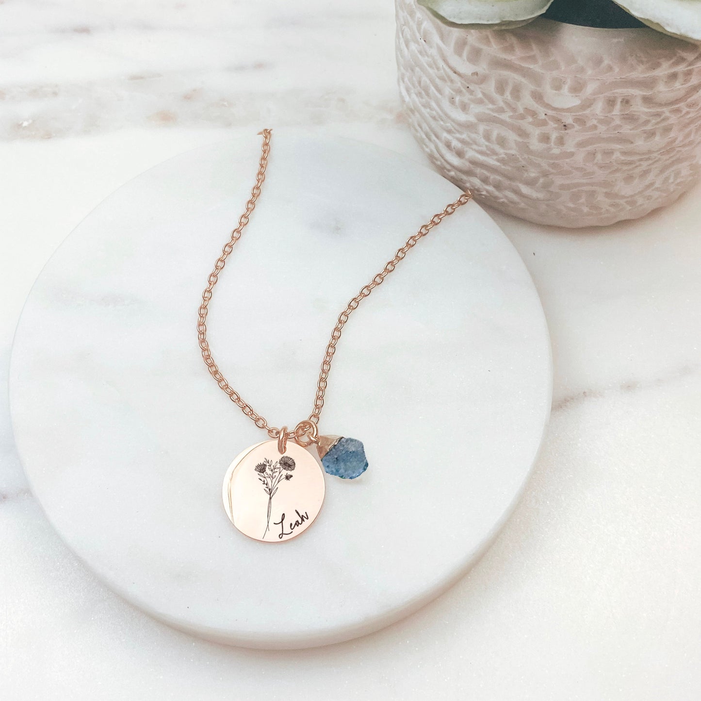 BIRTH FLOWER + NAME + RAW BIRTHSTONE NECKLACE - Avy + Tay