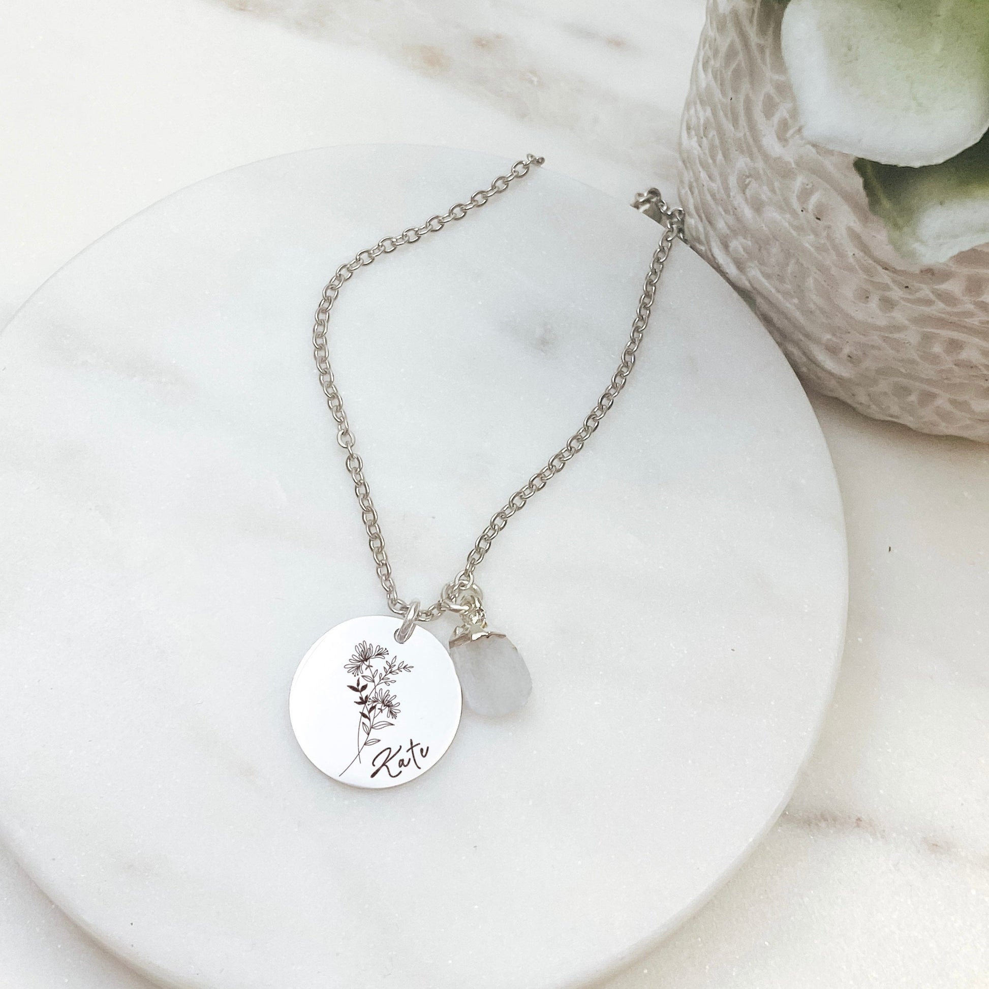 BIRTH FLOWER + NAME + RAW BIRTHSTONE NECKLACE - Avy + Tay