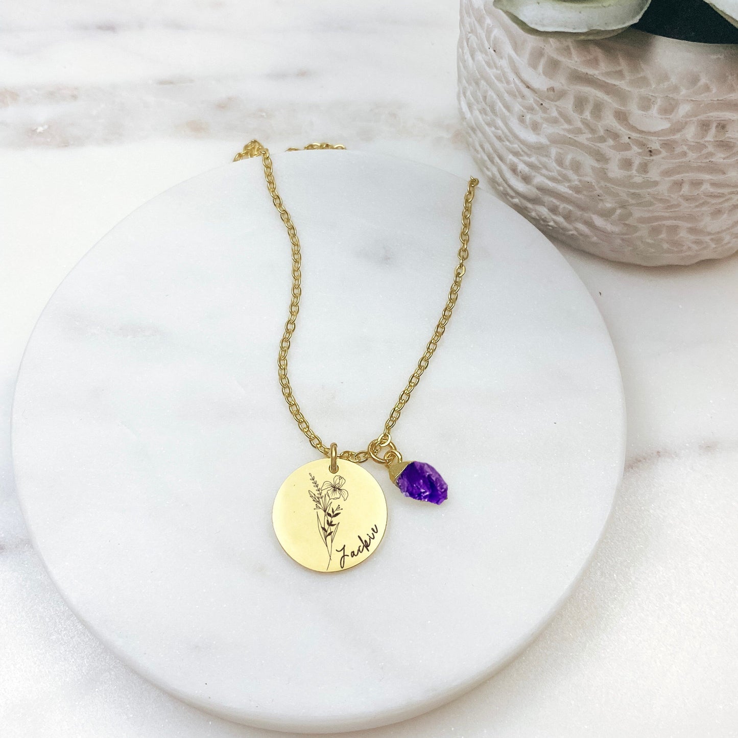 BIRTH FLOWER + NAME + RAW BIRTHSTONE NECKLACE - Avy + Tay