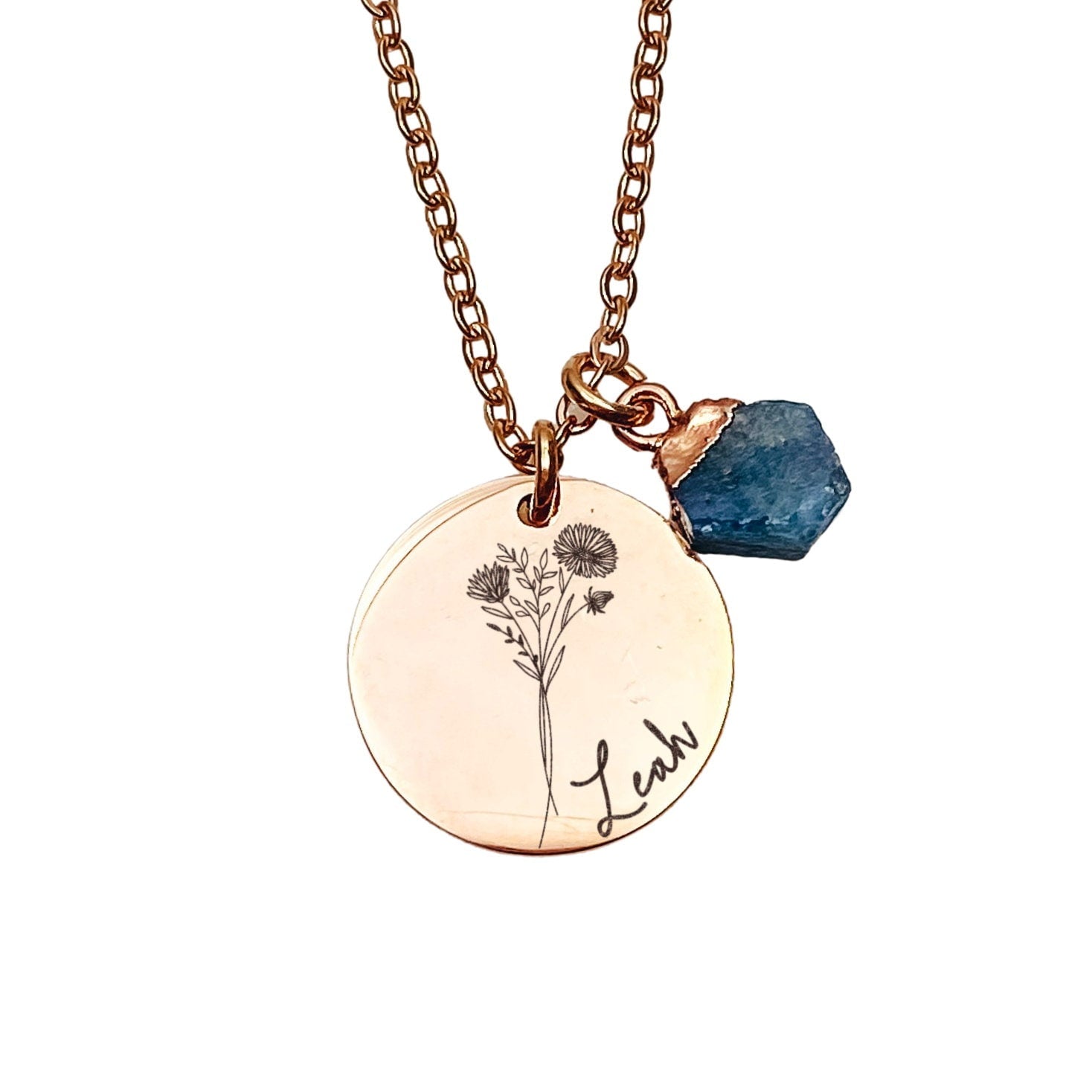 BIRTH FLOWER + NAME + RAW BIRTHSTONE NECKLACE - Avy + Tay